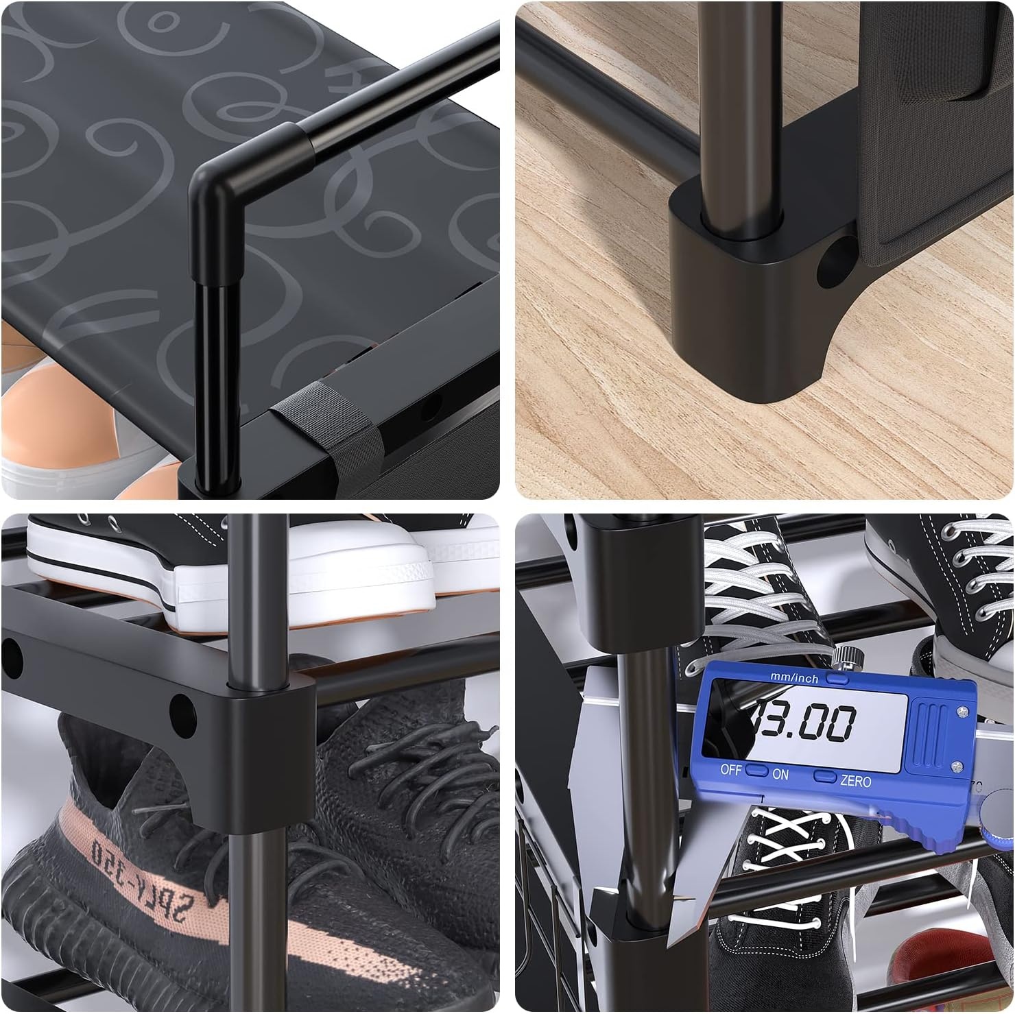 image:imageOhuhu Shoe Rack 7 Tiers 30 Pairs Metal Black Shoe Shelf Racks Boot Shoes Organizer Storage Free Standing Shoe Tower for Closet Entryway or Outdoor with 2 Side Hooks 3 Pockets Bag Room Organizer