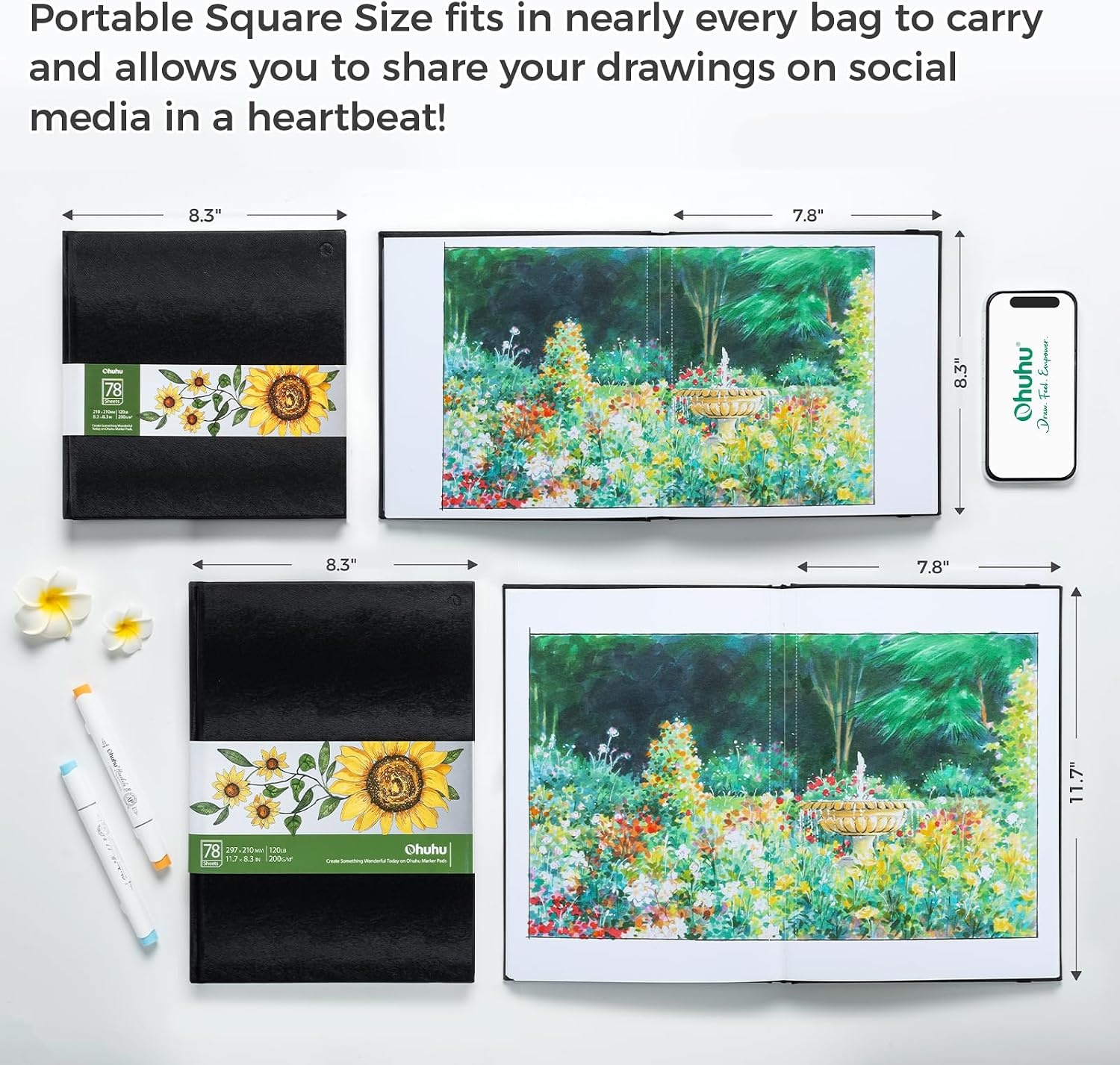 image:imageOhuhu Sketchbook Marker Paper Pad 83x83 Square Art Sketch Book Drawing Papers 78 Sheets156 Pages 120 LB200 GSM Hardcover Sketching Books for Alcohol Markers Heavyweight Sketchpad Christmas Gift83 x 83 and 83 x 117