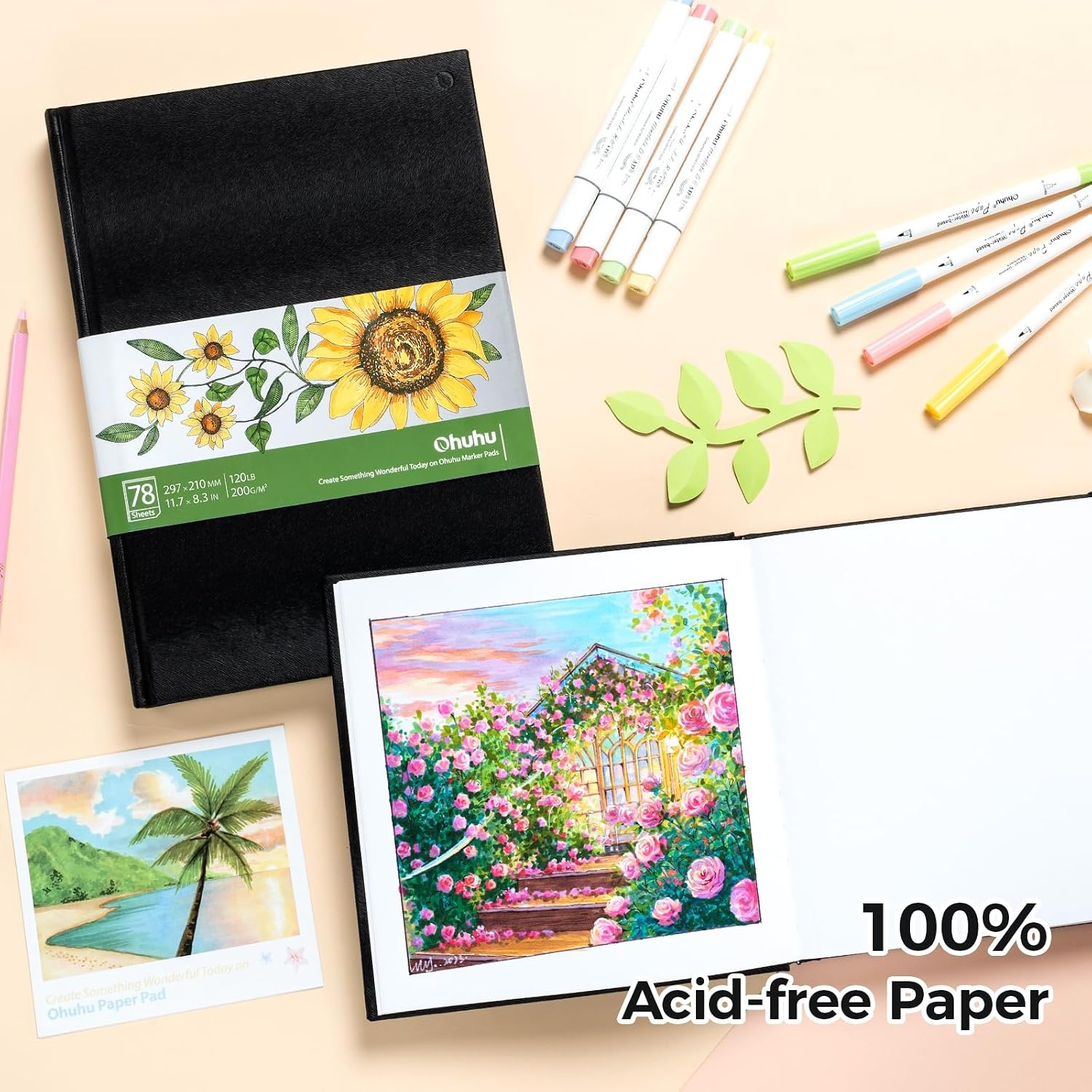 image:imageOhuhu Sketchbook Marker Paper Pad 83x83 Square Art Sketch Book Drawing Papers 78 Sheets156 Pages 120 LB200 GSM Hardcover Sketching Books for Alcohol Markers Heavyweight Sketchpad Christmas Gift83 x 83 and 83 x 117