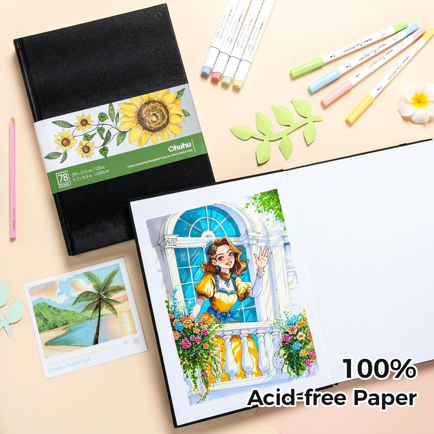 image:imageOhuhu Sketchbook Marker Paper Pad 83x83 Square Art Sketch Book Drawing Papers 78 Sheets156 Pages 120 LB200 GSM Hardcover Sketching Books for Alcohol Markers Heavyweight Sketchpad Christmas Gift83 x 117
