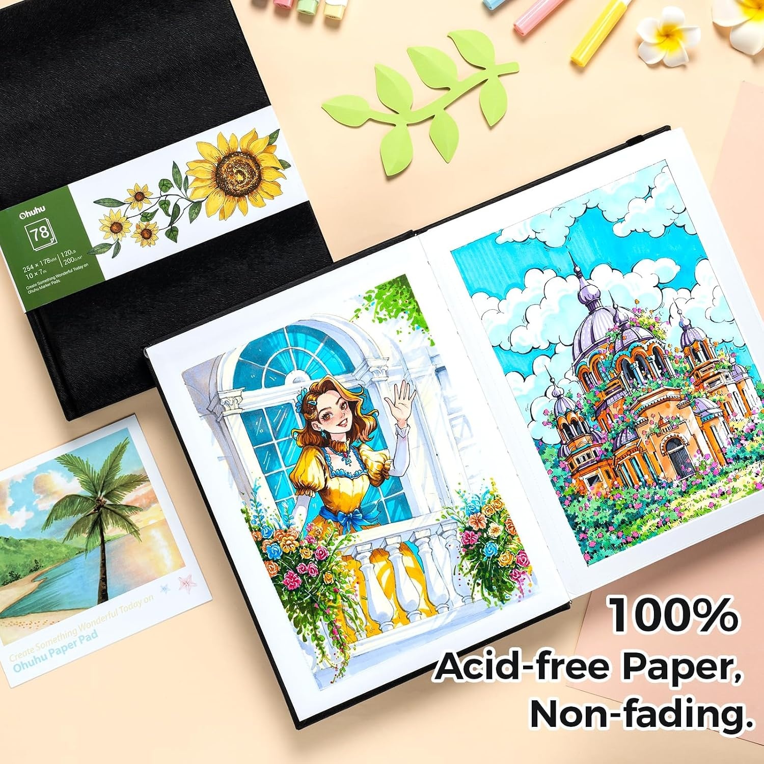 image:imageOhuhu Sketchbook Marker Paper Pad 83x83 Square Art Sketch Book Drawing Papers 78 Sheets156 Pages 120 LB200 GSM Hardcover Sketching Books for Alcohol Markers Heavyweight Sketchpad Christmas Gift7 x 10