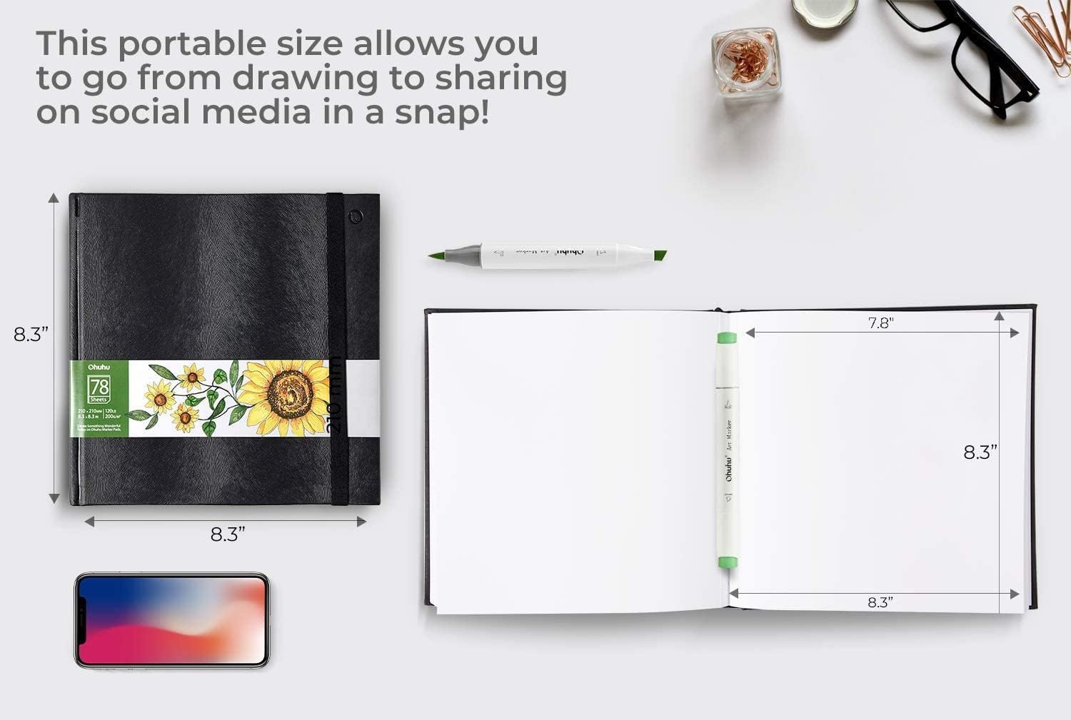 image:imageOhuhu Sketchbook Marker Paper Pad 83x83 Square Art Sketch Book Drawing Papers 78 Sheets156 Pages 120 LB200 GSM Hardcover Sketching Books for Alcohol Markers Heavyweight Sketchpad Christmas Gift83 x 83