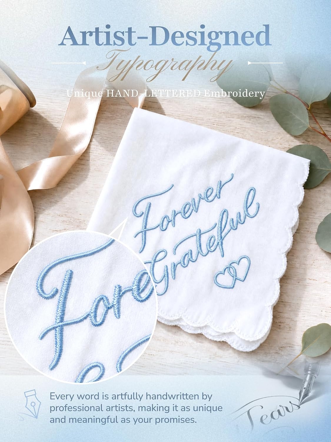 image:imageOhuhu Something Blue Wedding Handkerchief Gift Artist Design EmbroideredForever Grateful