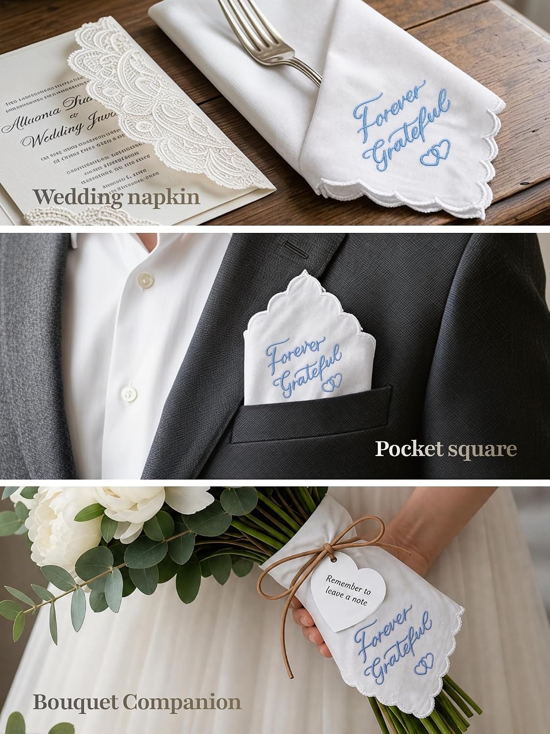 image:imageOhuhu Something Blue Wedding Handkerchief Gift Artist Design EmbroideredForever Grateful