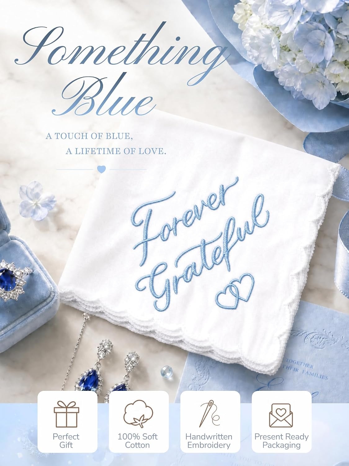 image:imageOhuhu Something Blue Wedding Handkerchief Gift Artist Design EmbroideredForever Grateful