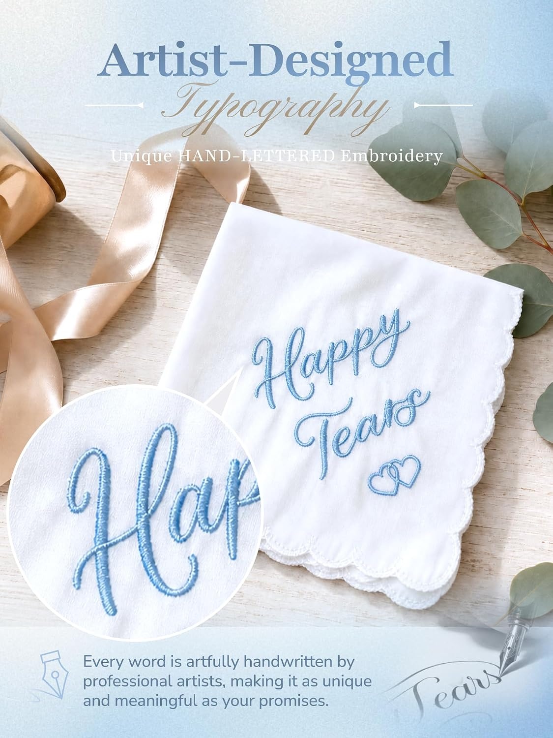 image:imageOhuhu Something Blue Wedding Handkerchief Gift Artist Design EmbroideredHappy Tears