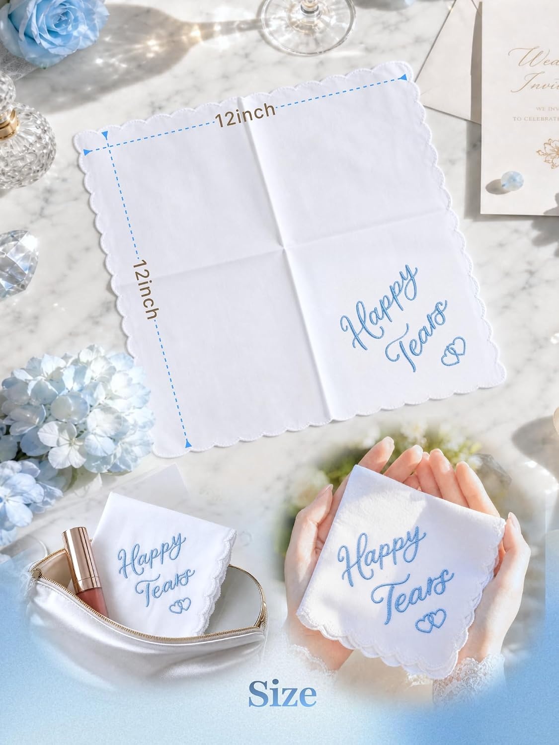 image:imageOhuhu Something Blue Wedding Handkerchief Gift Artist Design EmbroideredHappy Tears