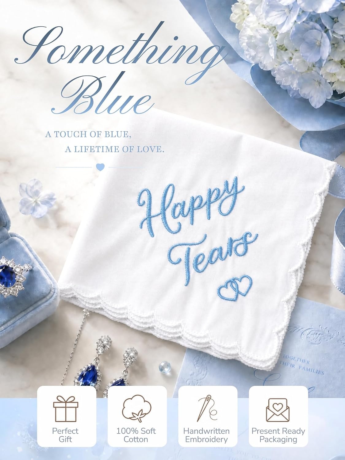 image:imageOhuhu Something Blue Wedding Handkerchief Gift Artist Design EmbroideredHappy Tears