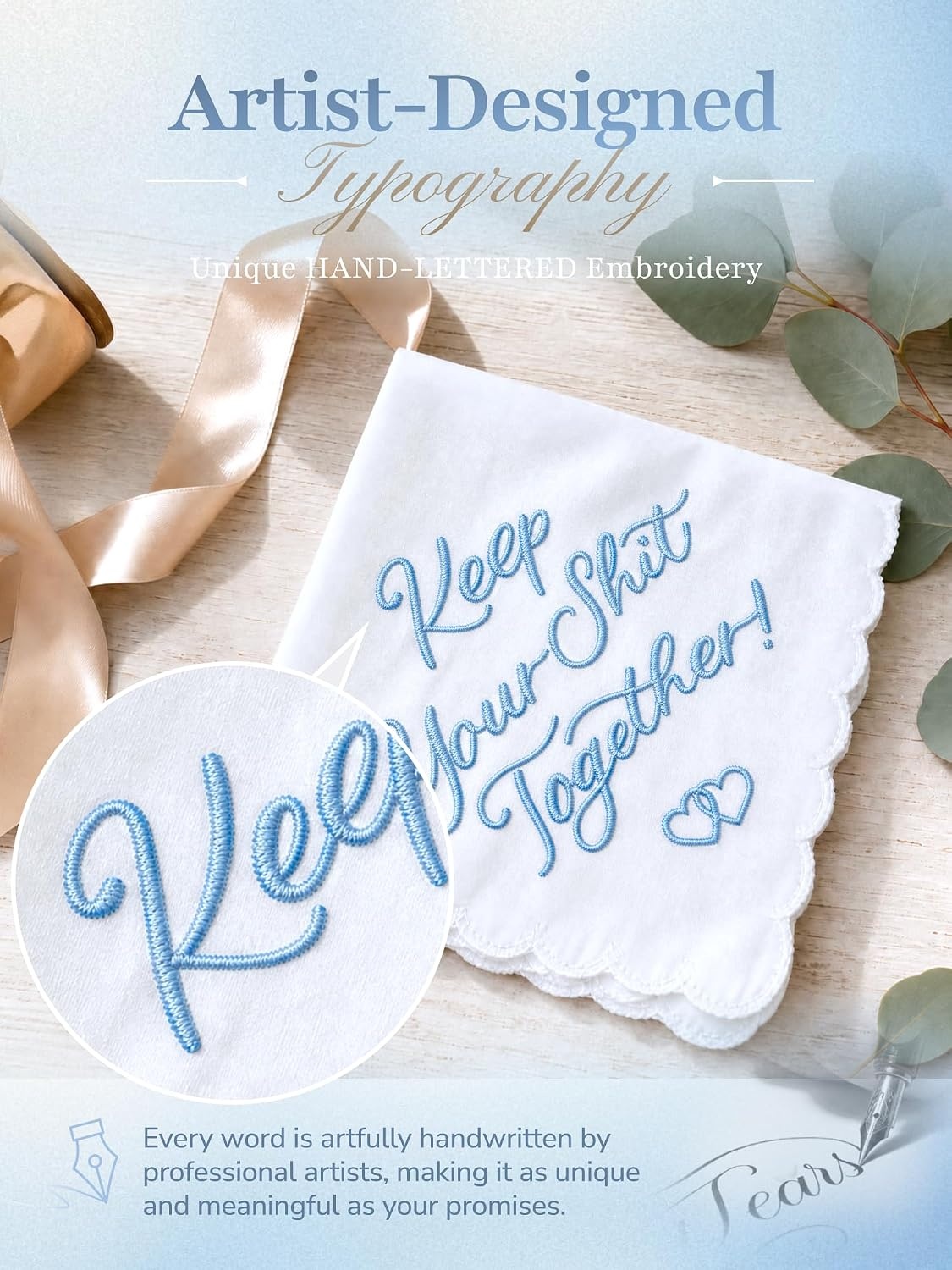 image:imageOhuhu Something Blue Wedding Handkerchief Gift Artist Design EmbroideredKeep Your Shit Together