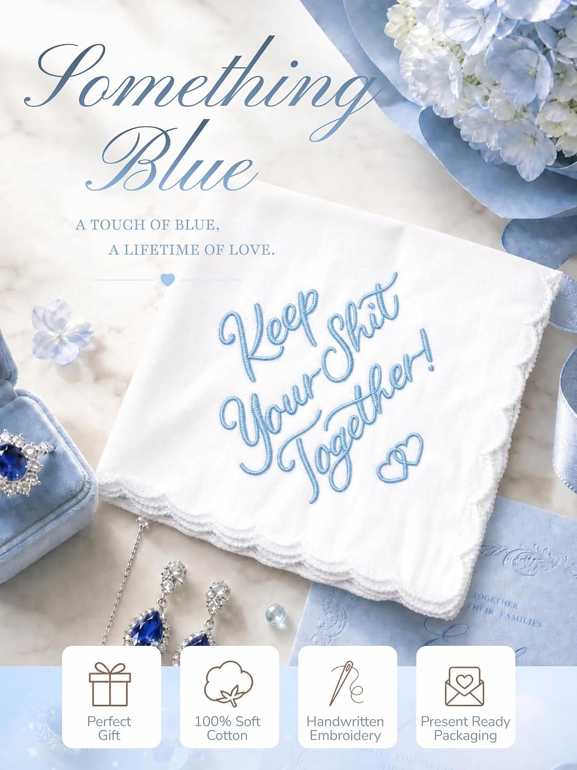 image:imageOhuhu Something Blue Wedding Handkerchief Gift Artist Design EmbroideredKeep Your Shit Together