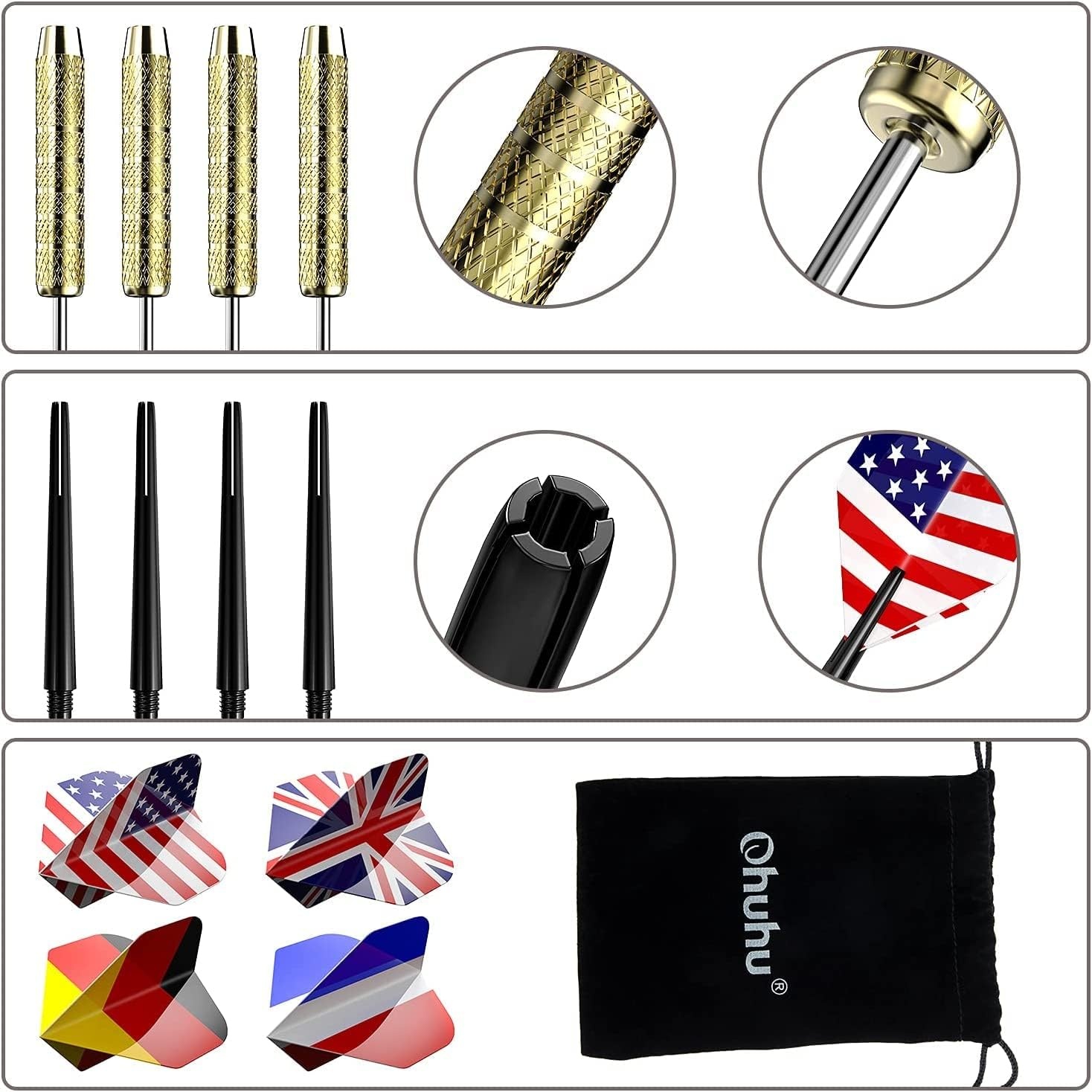 image:imageOhuhu Steel Tip Darts Professional Metal Darts with National Flag Flights 4 Styles Dart Metal Tip Set 12 Pcs Metal Dart Darts for Dartboard with 3 Free PVC Dart Rods