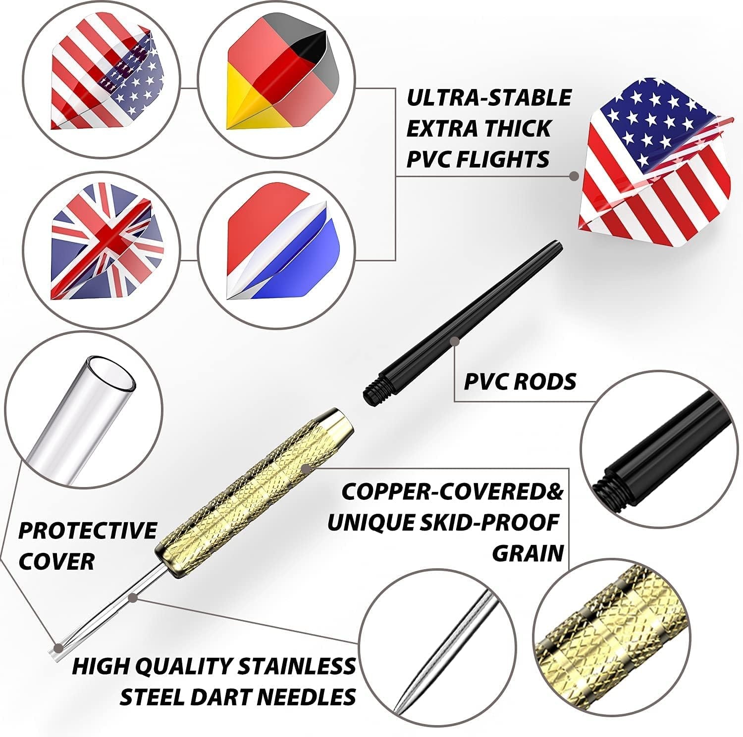 image:imageOhuhu Steel Tip Darts Professional Metal Darts with National Flag Flights 4 Styles Dart Metal Tip Set 12 Pcs Metal Dart Darts for Dartboard with 3 Free PVC Dart Rods