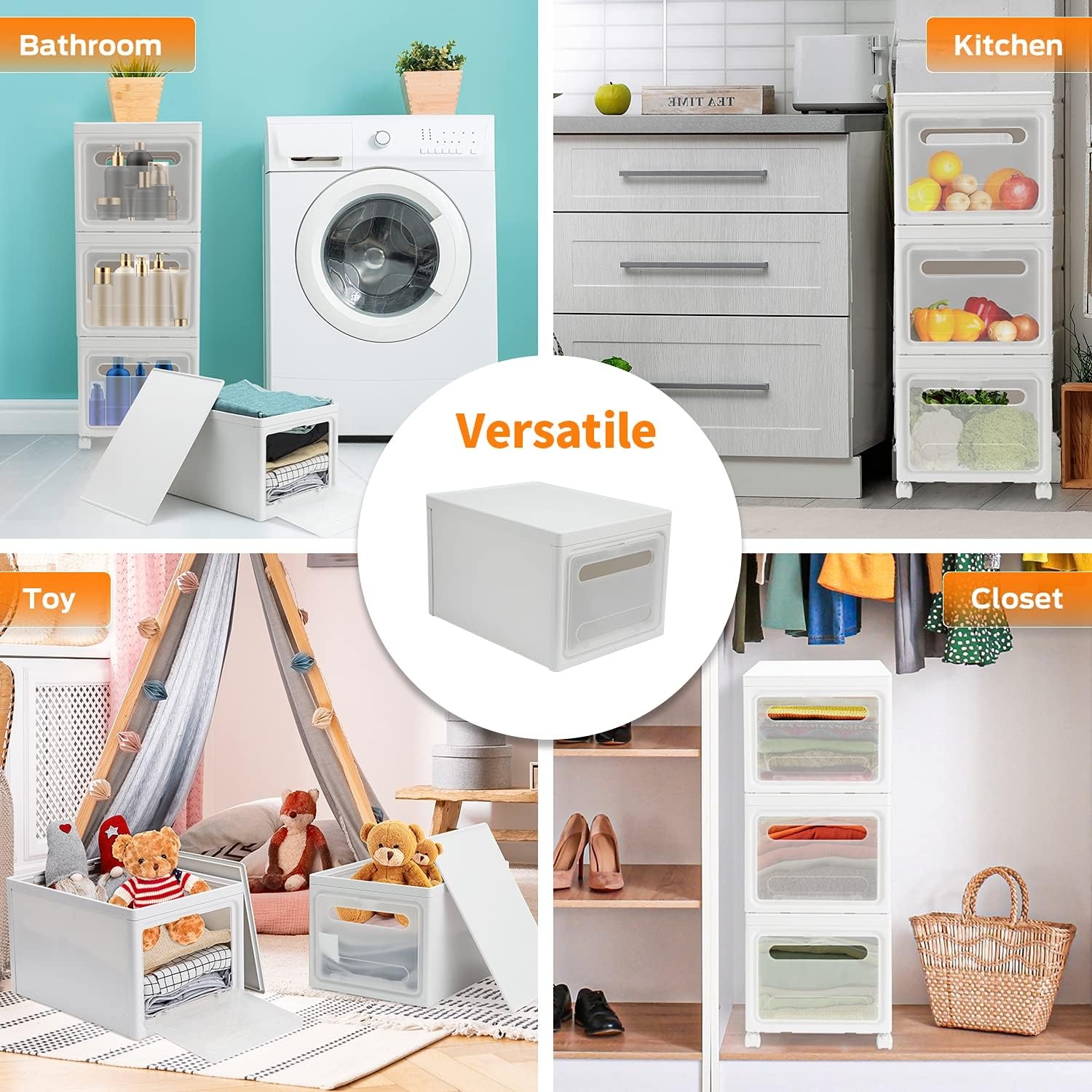 image:imageOhuhu Storage Bins with Lids Heavy Duty 3 Pack Plastic Storage Box Front Opening Storage Cart Compact Cube Organizer Bins with 4 wheels Stackable for Home Office Organization with Black Pen
