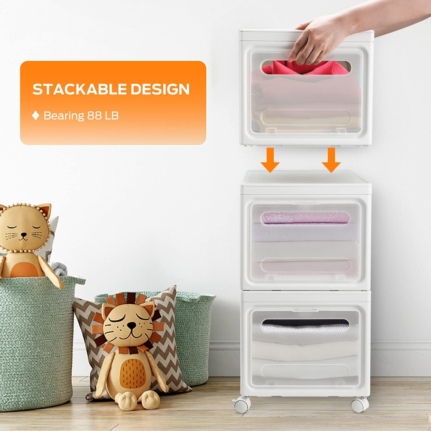 image:imageOhuhu Storage Bins with Lids Heavy Duty 3 Pack Plastic Storage Box Front Opening Storage Cart Compact Cube Organizer Bins with 4 wheels Stackable for Home Office Organization with Black Pen