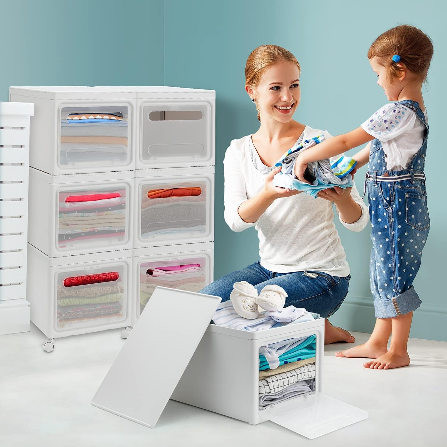 image:imageOhuhu Storage Bins with Lids Heavy Duty 3 Pack Plastic Storage Box Front Opening Storage Cart Compact Cube Organizer Bins with 4 wheels Stackable for Home Office Organization with Black Pen