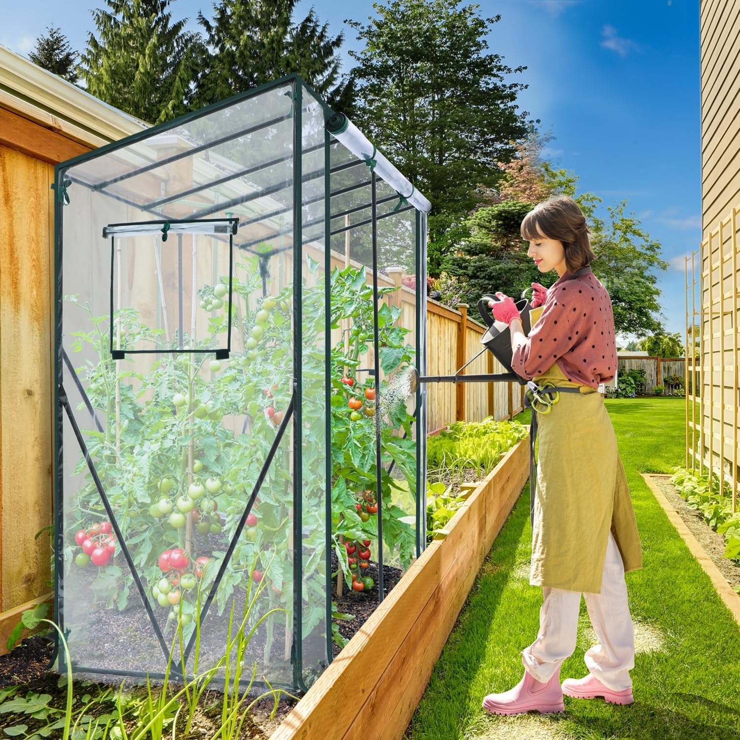 image:imageOhuhu Tomato Greenhouse for Outdoors Portable Lean to Green House Heavy Duty with RollUp Zippered Door Tall Plastic Greenhouses for Outside Plants Growing Shed Tent for Backyard Transparent