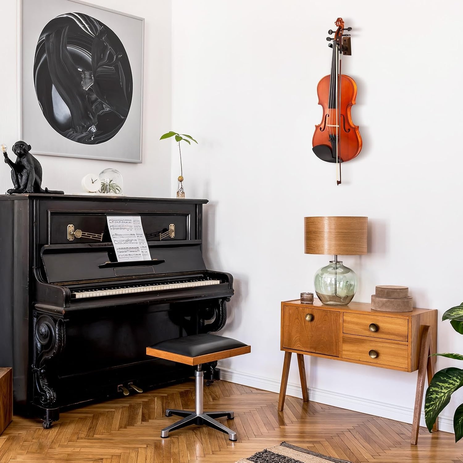image:imageOhuhu Violin Wall Mount Hanger Hardwood Violin Viola Hanger with Bow Holder and Soft Padding for Home Studio Decor1