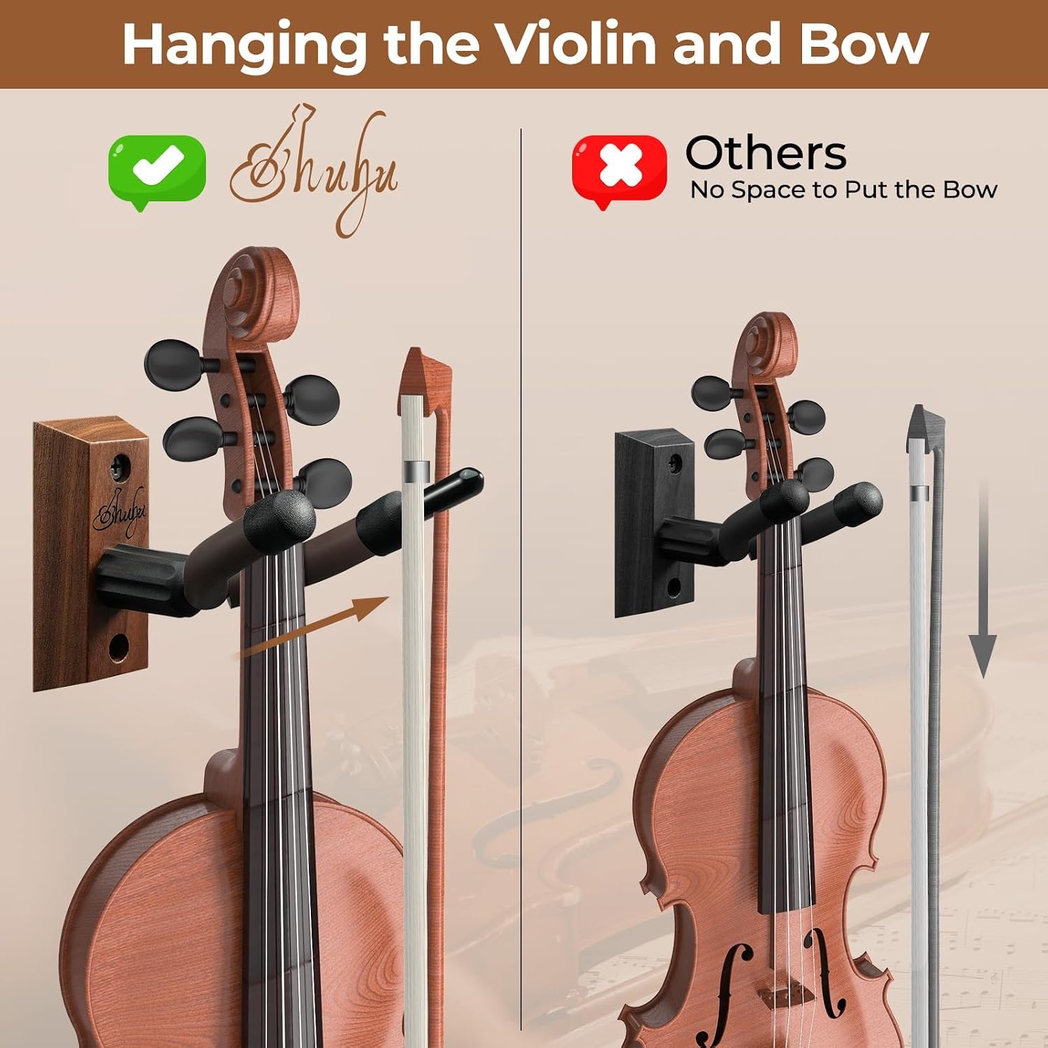 image:imageOhuhu Violin Wall Mount Hanger Hardwood Violin Viola Hanger with Bow Holder and Soft Padding for Home Studio Decor1