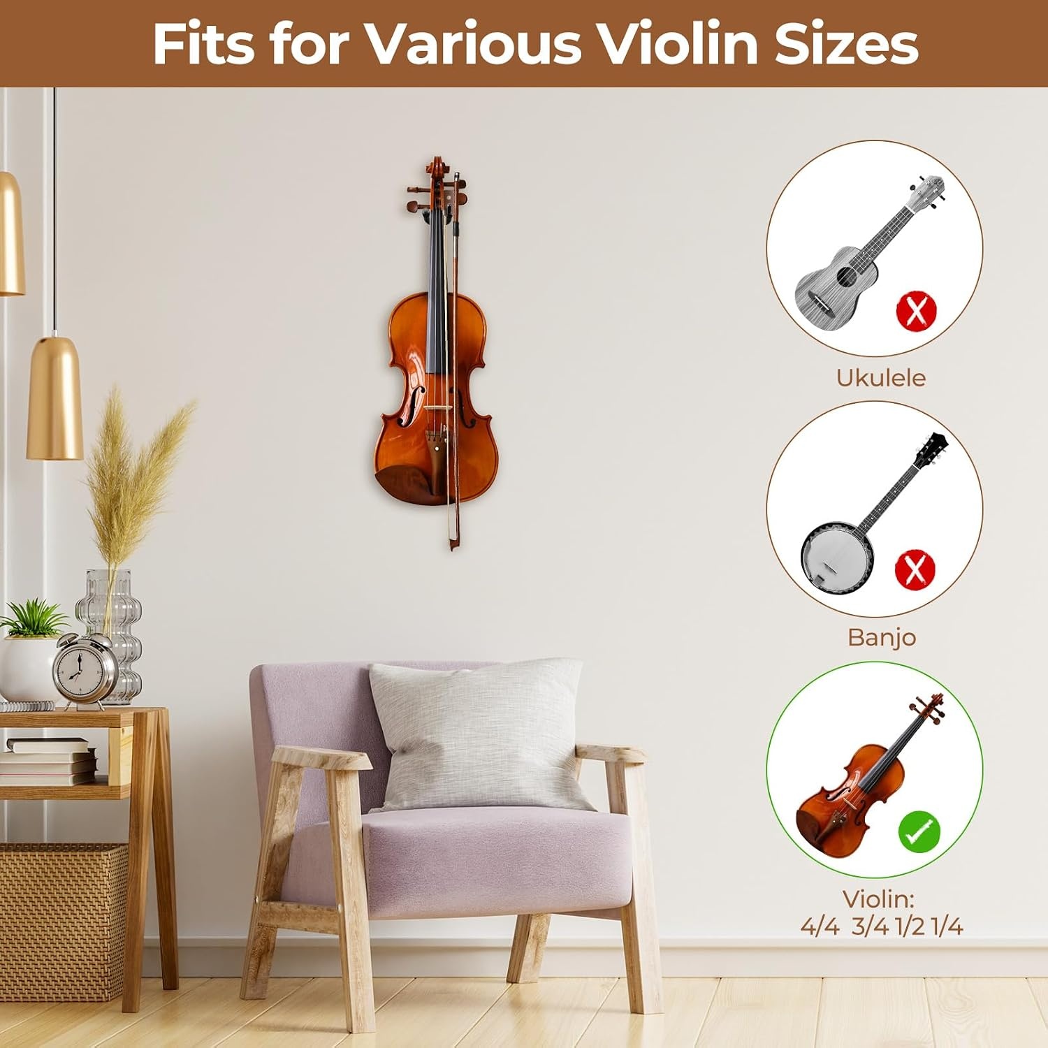 image:imageOhuhu Violin Wall Mount Hanger Hardwood Violin Viola Hanger with Bow Holder and Soft Padding for Home Studio Decor1