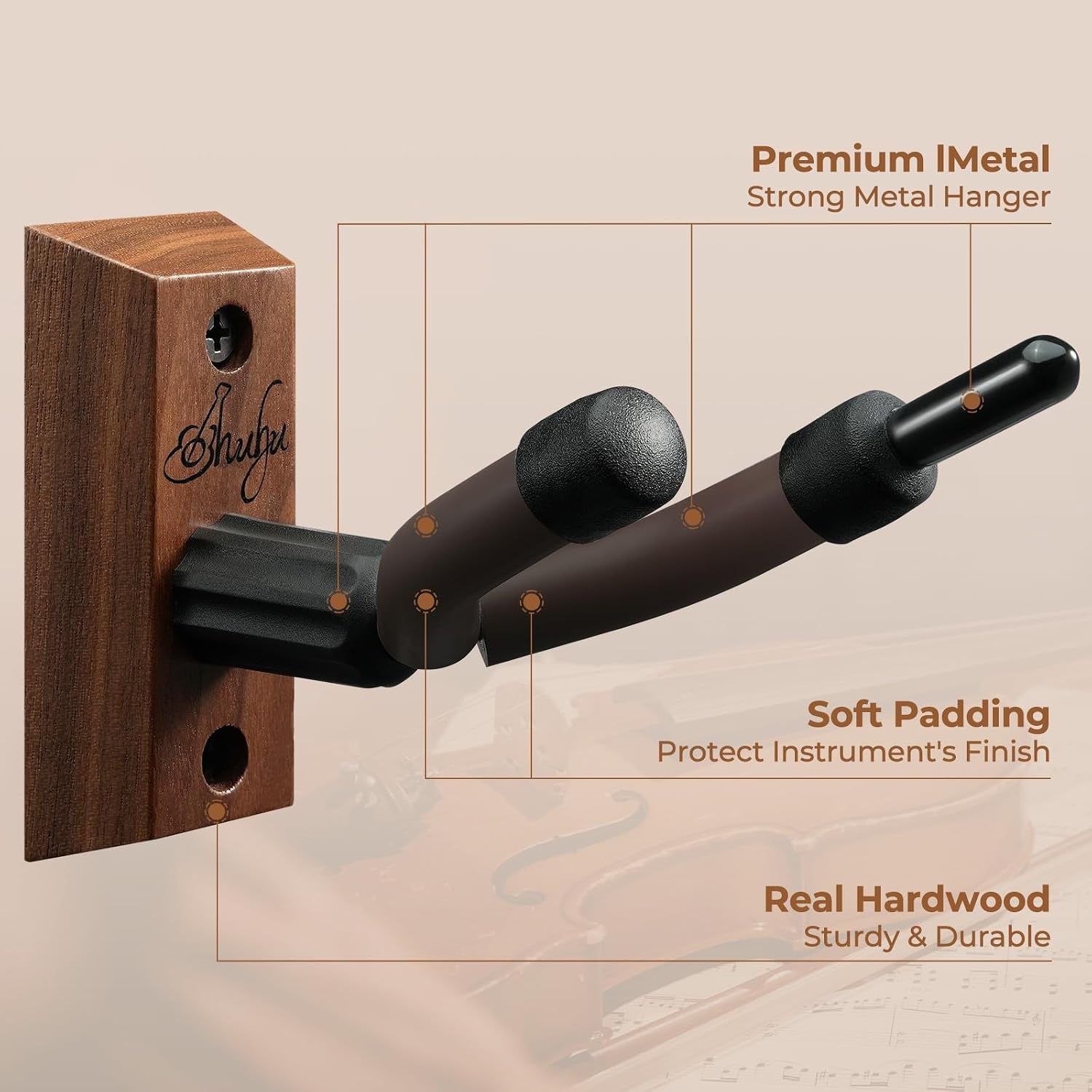 image:imageOhuhu Violin Wall Mount Hanger Hardwood Violin Viola Hanger with Bow Holder and Soft Padding for Home Studio Decor1