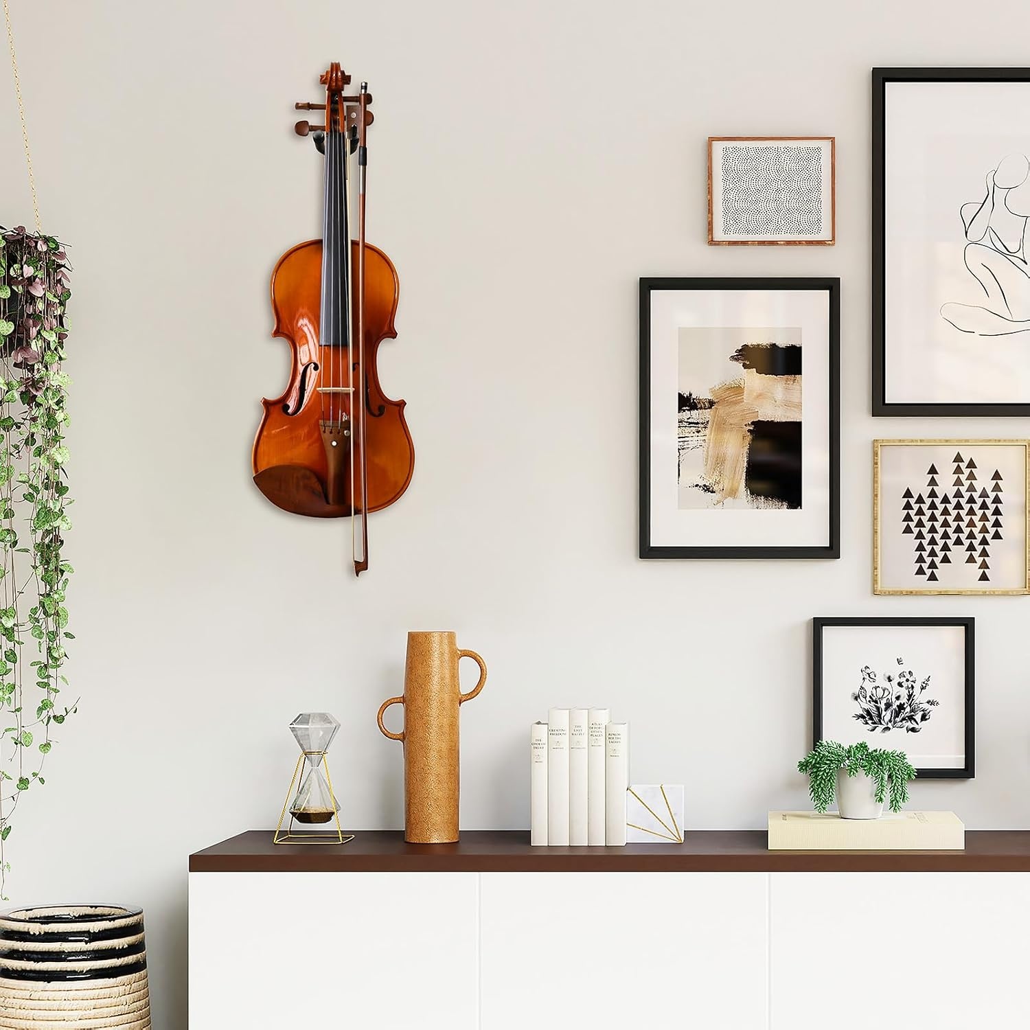 image:imageOhuhu Violin Wall Mount Hanger Hardwood Violin Viola Hanger with Bow Holder and Soft Padding for Home Studio Decor1