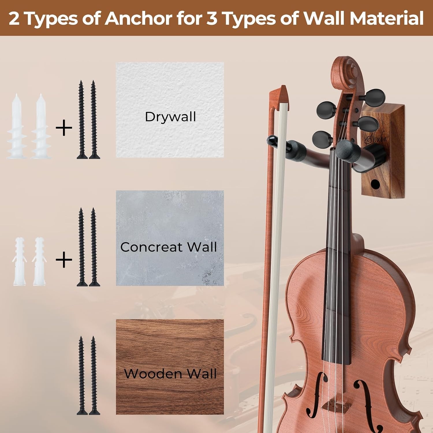 image:imageOhuhu Violin Wall Mount Hanger Hardwood Violin Viola Hanger with Bow Holder and Soft Padding for Home Studio Decor1