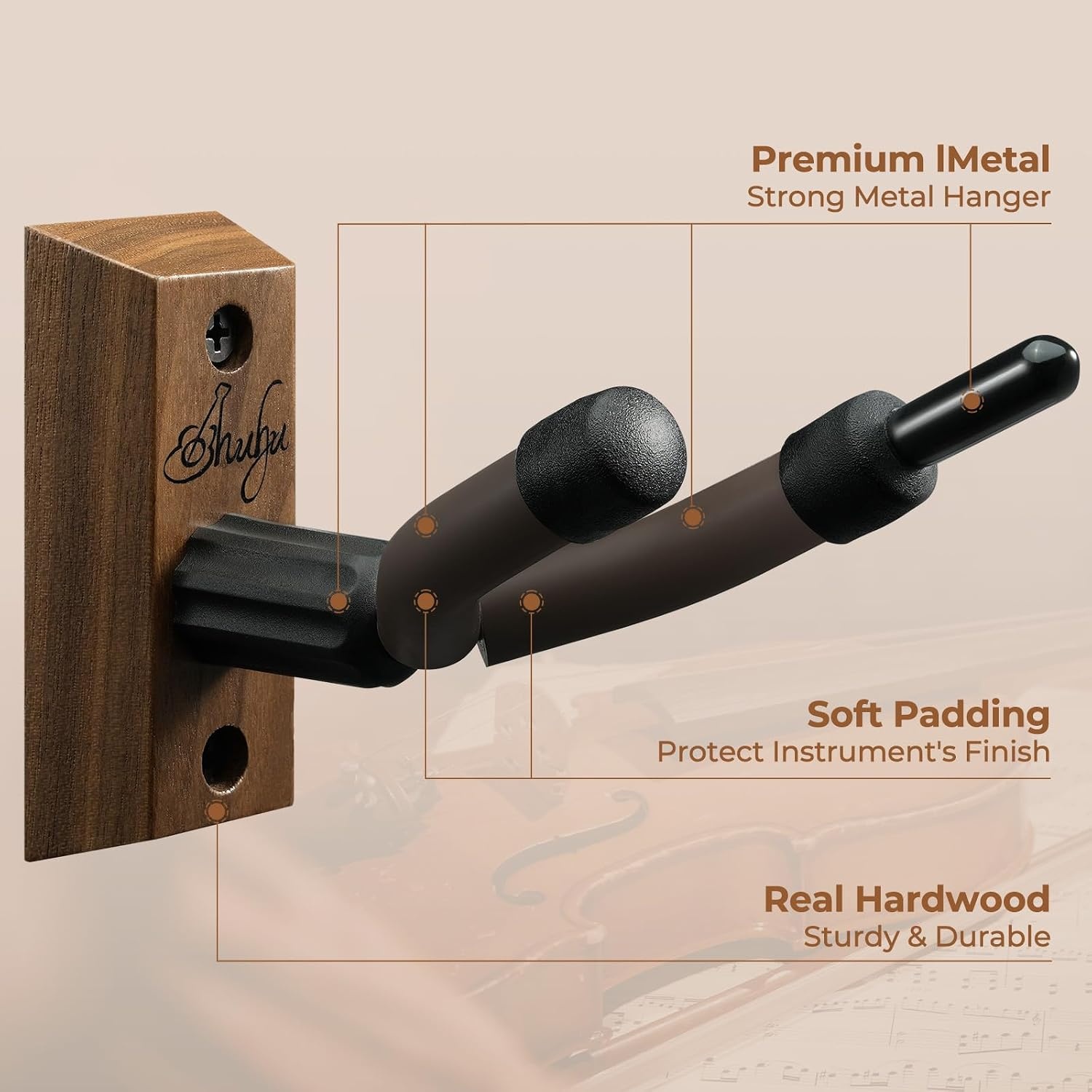 image:imageOhuhu Violin Wall Mount Hanger Hardwood Violin Viola Hanger with Bow Holder and Soft Padding for Home Studio Decor2