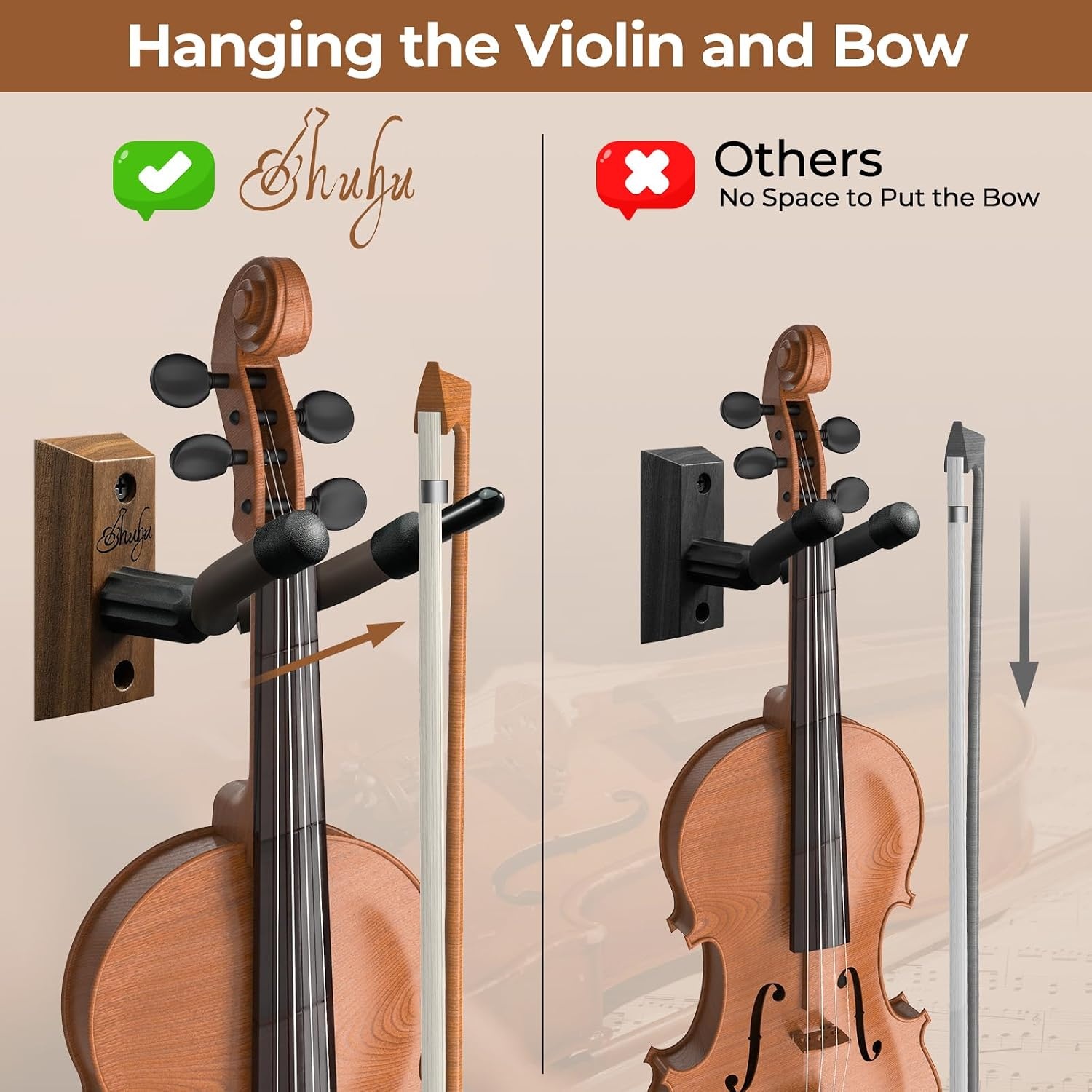 image:imageOhuhu Violin Wall Mount Hanger Hardwood Violin Viola Hanger with Bow Holder and Soft Padding for Home Studio Decor2