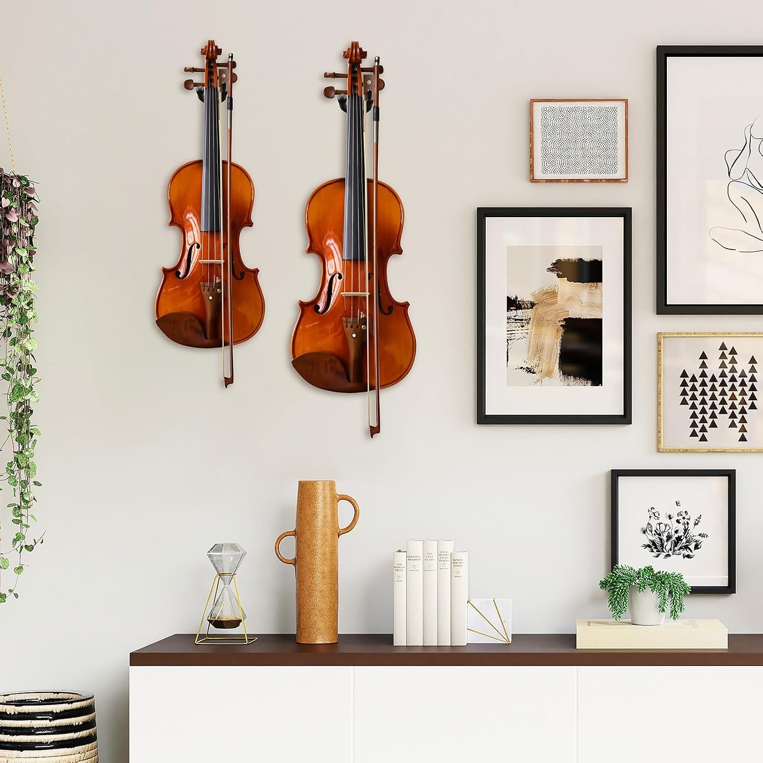 image:imageOhuhu Violin Wall Mount Hanger Hardwood Violin Viola Hanger with Bow Holder and Soft Padding for Home Studio Decor2