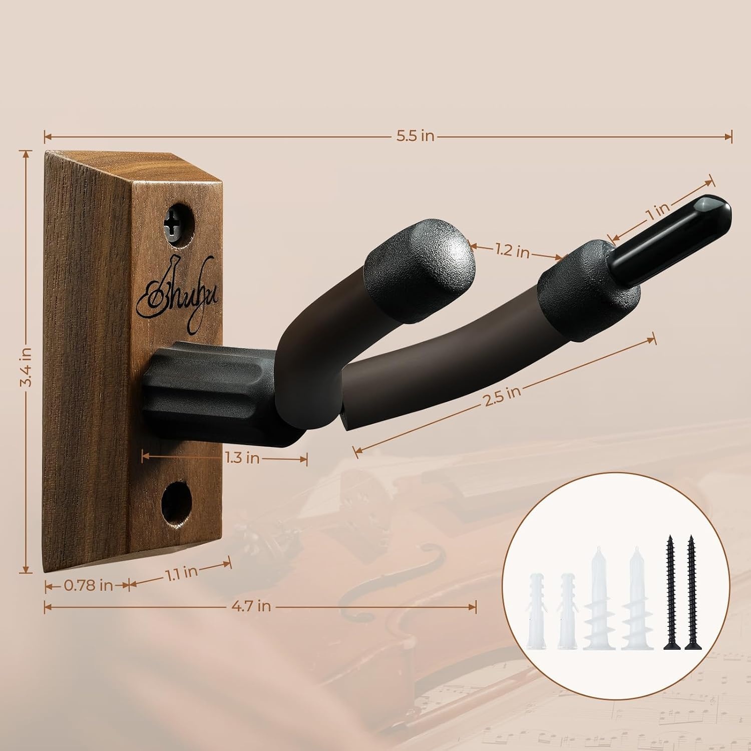 image:imageOhuhu Violin Wall Mount Hanger Hardwood Violin Viola Hanger with Bow Holder and Soft Padding for Home Studio Decor2