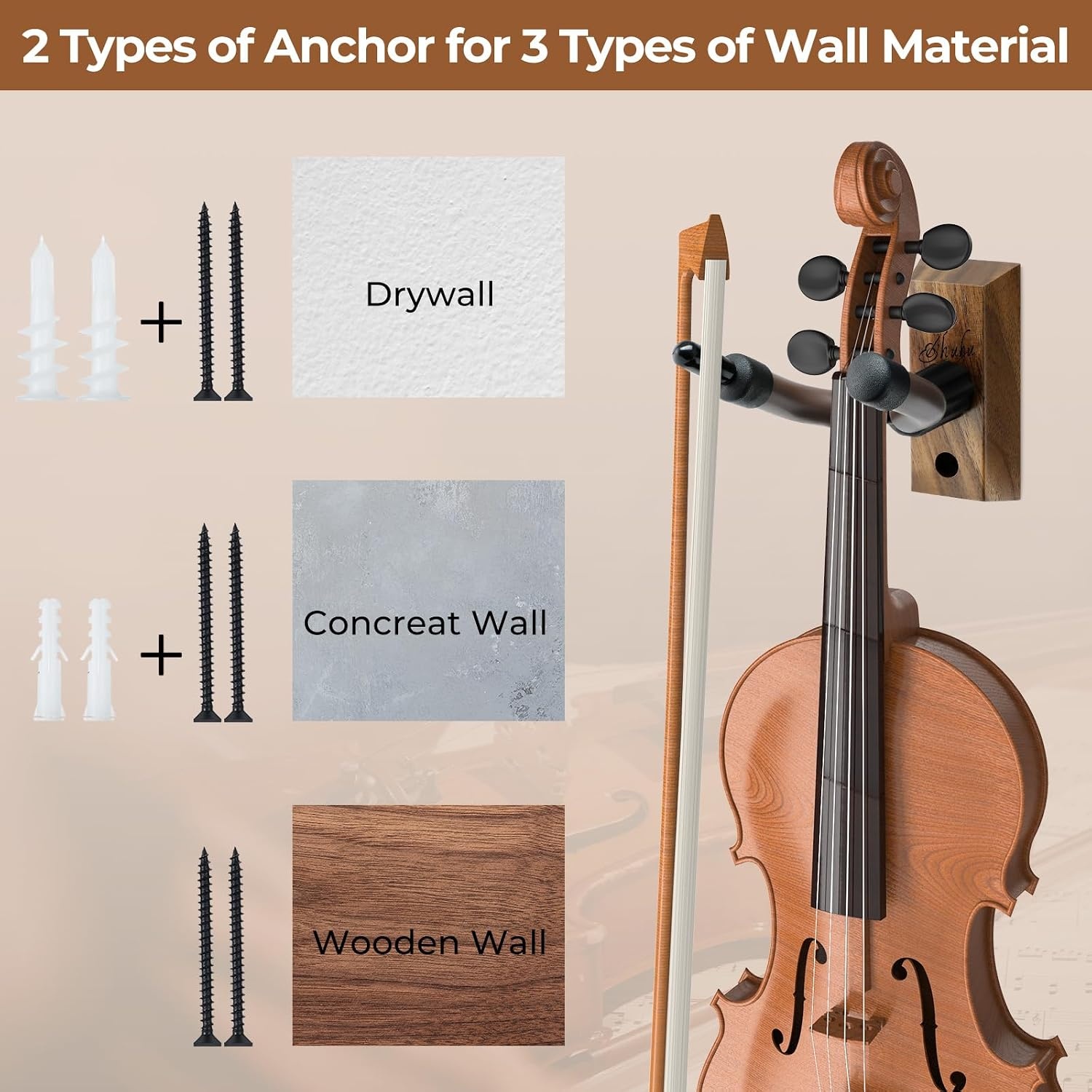 image:imageOhuhu Violin Wall Mount Hanger Hardwood Violin Viola Hanger with Bow Holder and Soft Padding for Home Studio Decor2