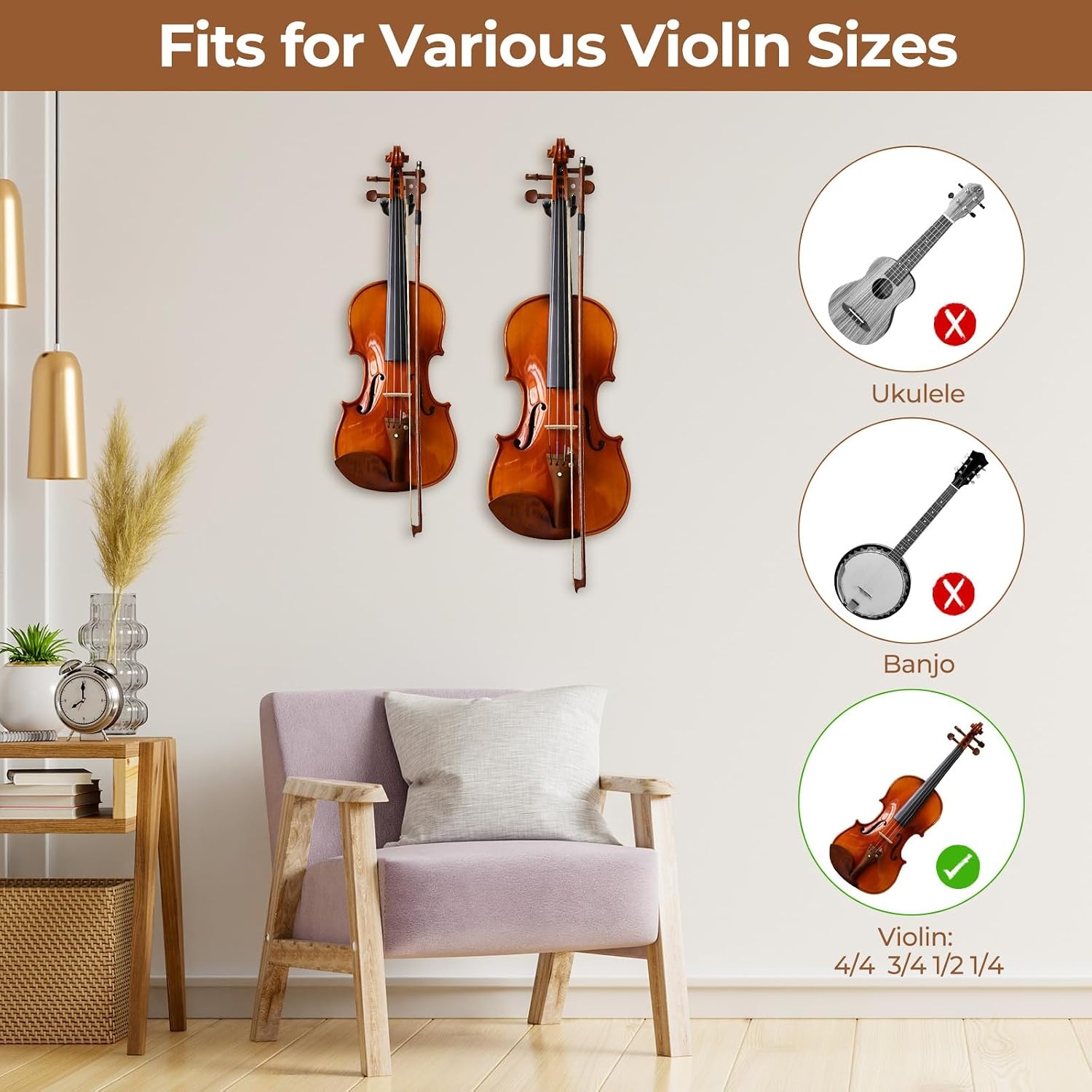 image:imageOhuhu Violin Wall Mount Hanger Hardwood Violin Viola Hanger with Bow Holder and Soft Padding for Home Studio Decor2