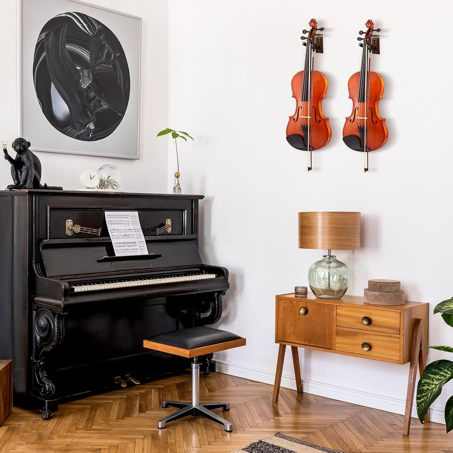 image:imageOhuhu Violin Wall Mount Hanger Hardwood Violin Viola Hanger with Bow Holder and Soft Padding for Home Studio Decor2