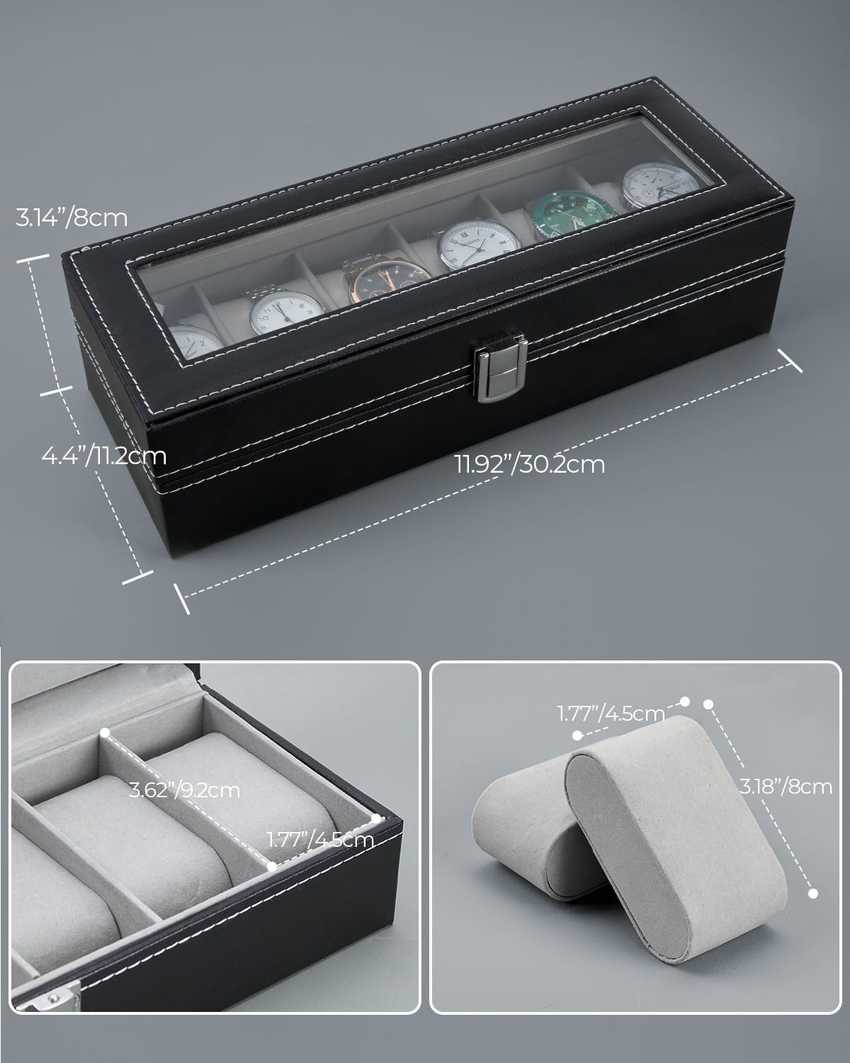 image:imageOhuhu Watch Box Watch Case 6Slot PU Leather Real Glass Lid Watch Holder Jewelry Organizer Storage box Soft velvet Watch Display Case for Men and Women Birthday Fathers Day