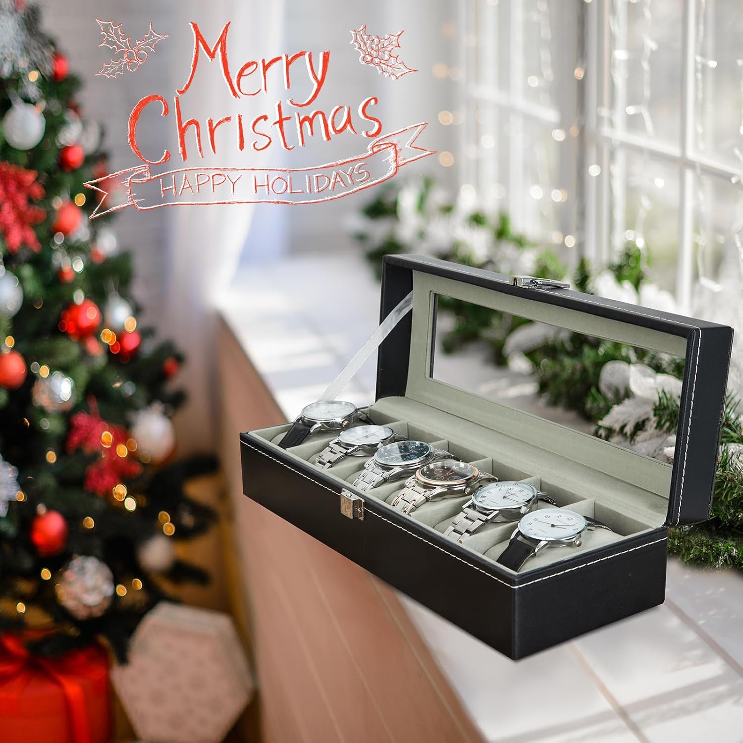 image:imageOhuhu Watch Box Watch Case 6Slot PU Leather Real Glass Lid Watch Holder Jewelry Organizer Storage box Soft velvet Watch Display Case for Men and Women Birthday Fathers Day