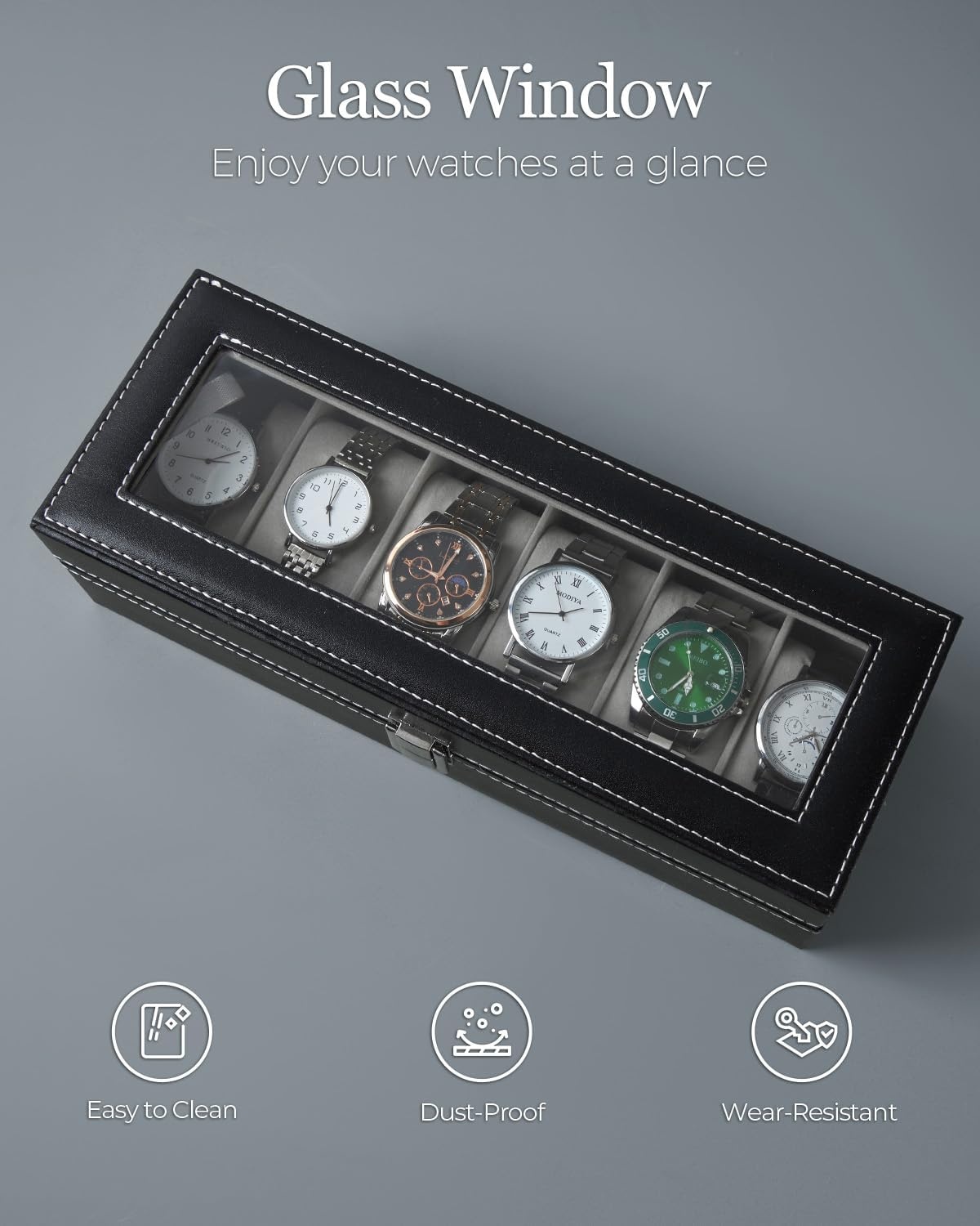 image:imageOhuhu Watch Box Watch Case 6Slot PU Leather Real Glass Lid Watch Holder Jewelry Organizer Storage box Soft velvet Watch Display Case for Men and Women Birthday Fathers Day