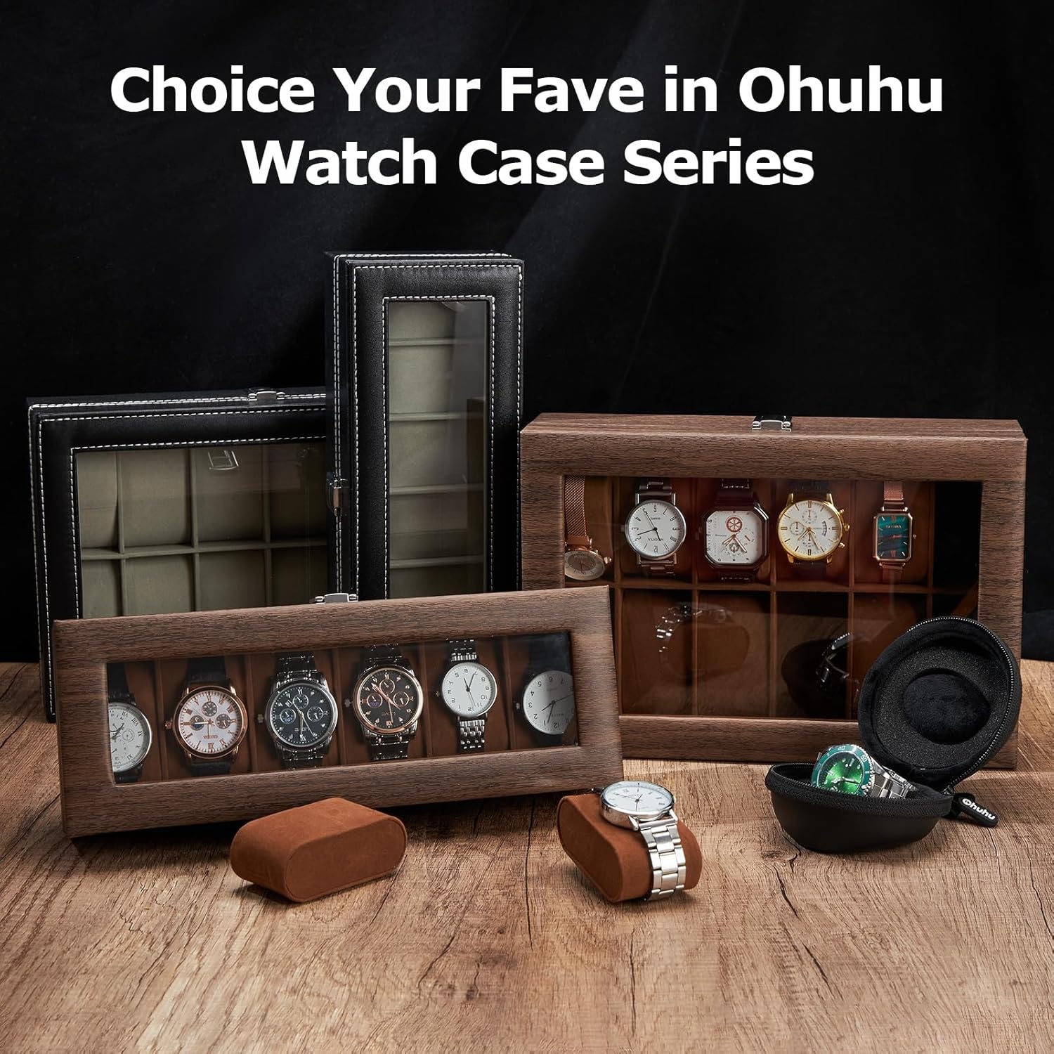image:imageOhuhu Watch Box Watch Case 6Slot PU Leather Real Glass Lid Watch Holder Jewelry Organizer Storage box Soft velvet Watch Display Case for Men and Women Birthday Fathers Day