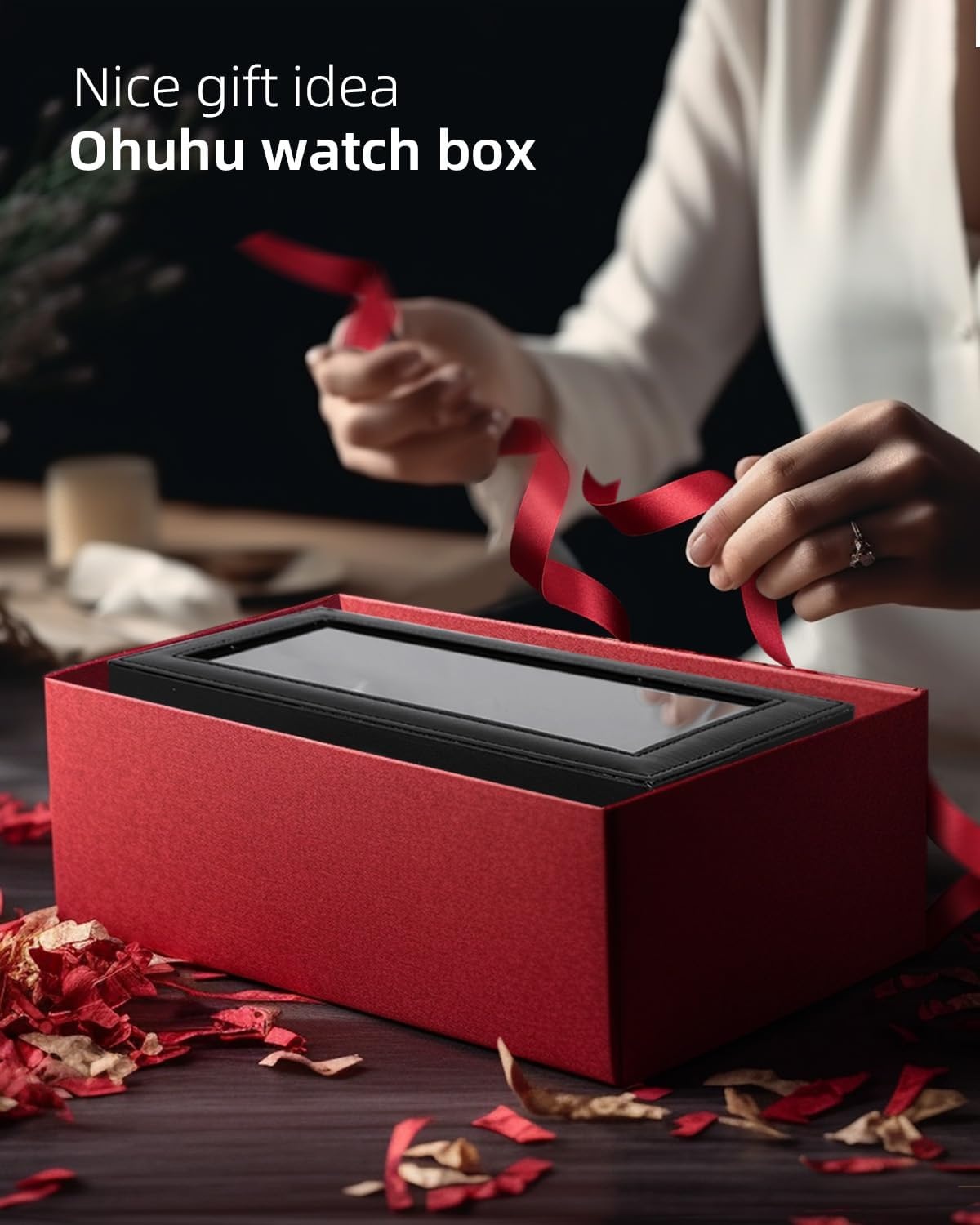 image:imageOhuhu Watch Box Watch Case 6Slot PU Leather Real Glass Lid Watch Holder Jewelry Organizer Storage box Soft velvet Watch Display Case for Men and Women Birthday Fathers Day