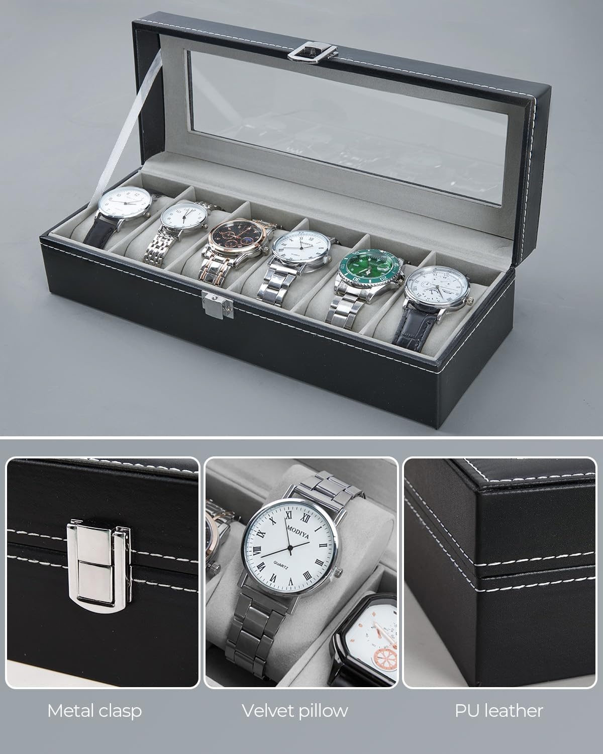 image:imageOhuhu Watch Box Watch Case 6Slot PU Leather Real Glass Lid Watch Holder Jewelry Organizer Storage box Soft velvet Watch Display Case for Men and Women Birthday Fathers Day