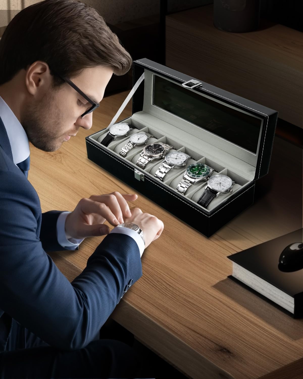 image:imageOhuhu Watch Box Watch Case 6Slot PU Leather Real Glass Lid Watch Holder Jewelry Organizer Storage box Soft velvet Watch Display Case for Men and Women Birthday Fathers Day