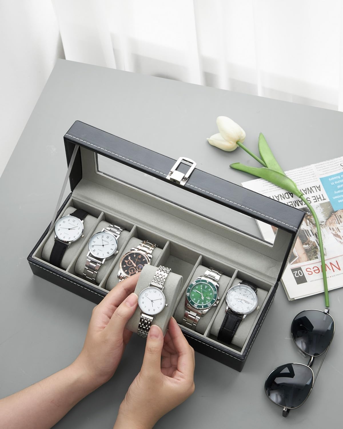 image:imageOhuhu Watch Box Watch Case 6Slot PU Leather Real Glass Lid Watch Holder Jewelry Organizer Storage box Soft velvet Watch Display Case for Men and Women Birthday Fathers Day