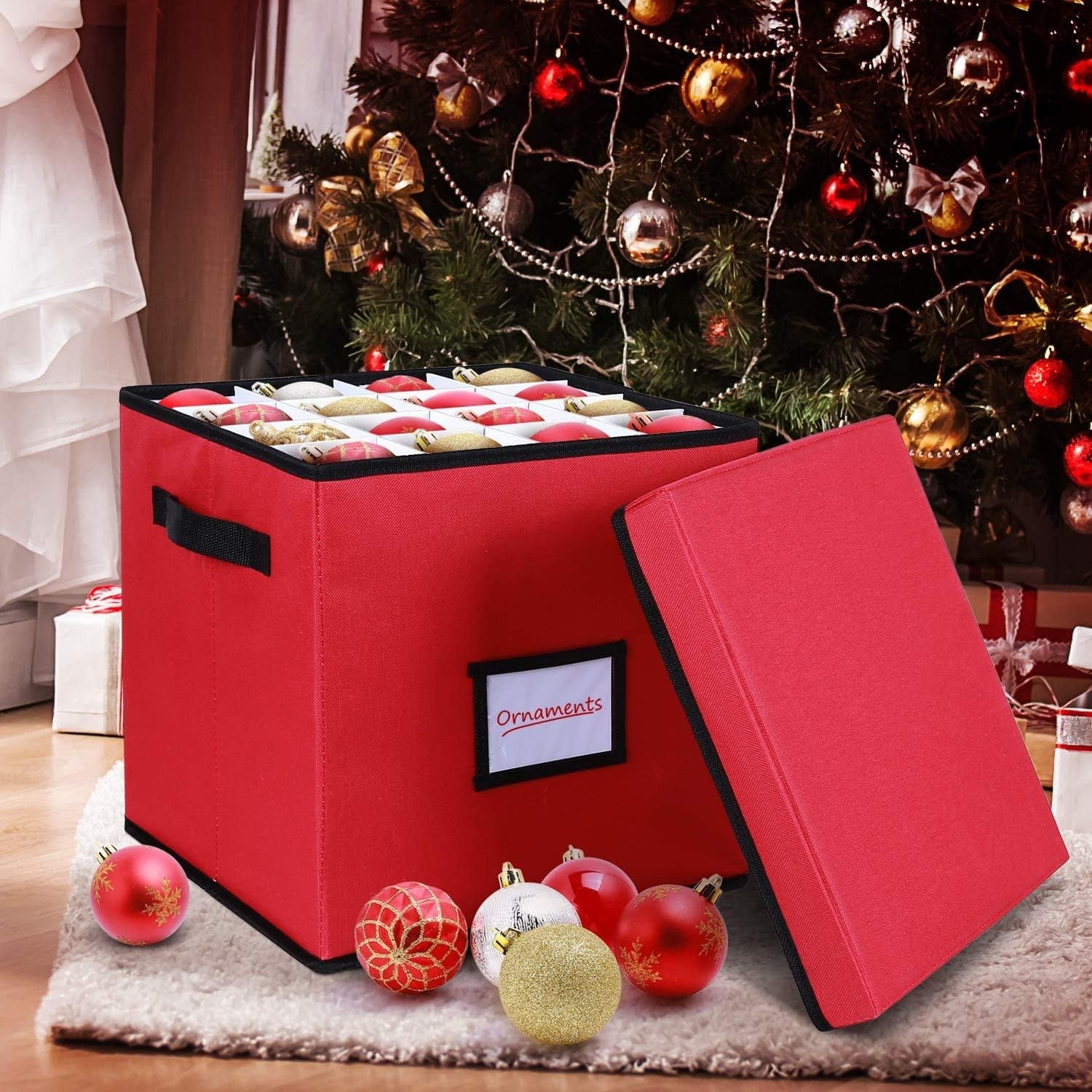 image:imageOrnament Storage Box Ohuhu Xmas Decorations Figurine Containers 600D Oxford Cloth Keeps 64 Ornaments Christmas Storage Bins with Lids Holiday Ornament Organizer with Back Pocket