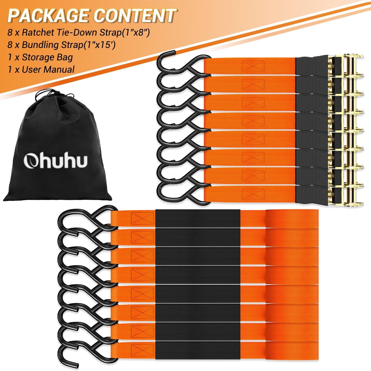 image:imageRatchet Tie Down Strap 8Pack 15 Ft 500 lbs Load Cap with 1500 lbs Breaking Limit Ohuhu Ratchet Tie Downs Logistic Cargo Straps for Moving Appliances Motorcycle BlueOrange
