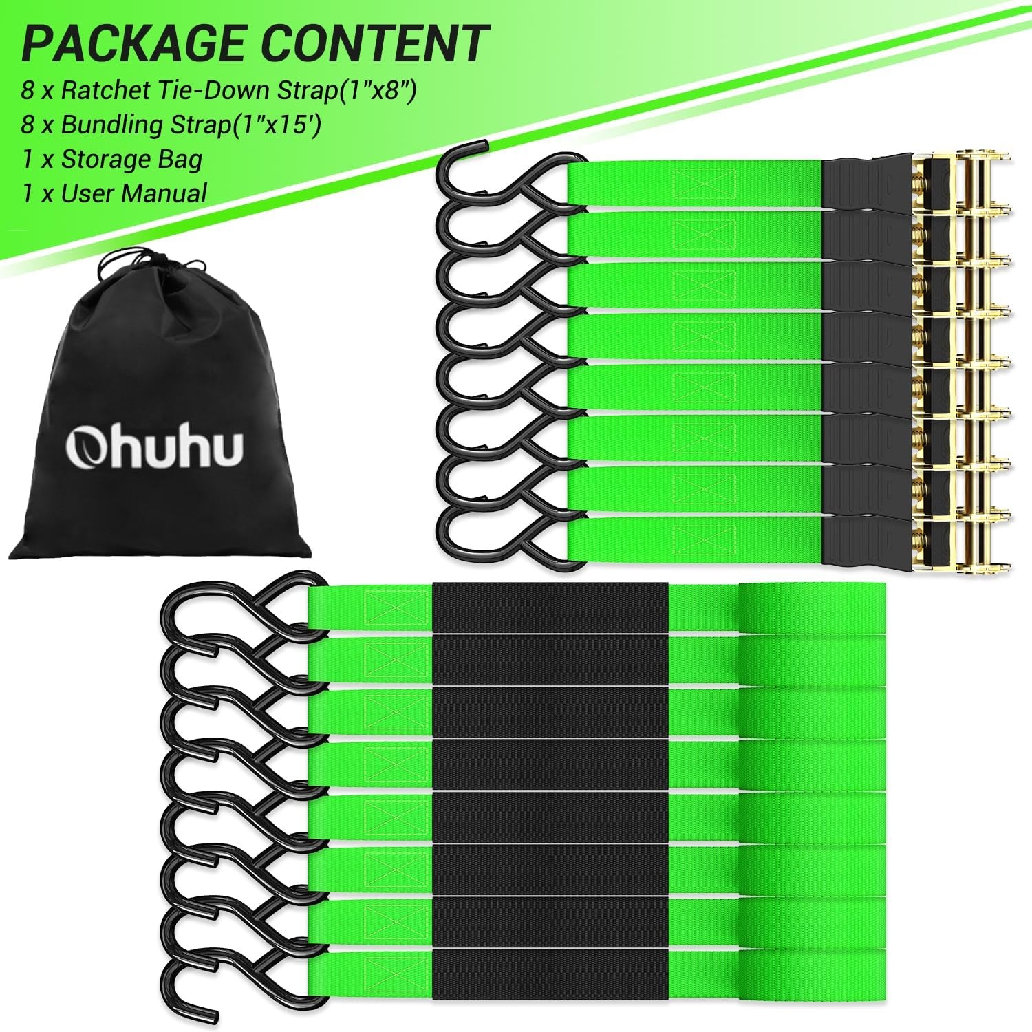image:imageRatchet Tie Down Strap 8Pack 15 Ft 500 lbs Load Cap with 1500 lbs Breaking Limit Ohuhu Ratchet Tie Downs Logistic Cargo Straps for Moving Appliances Motorcycle BlueGreen
