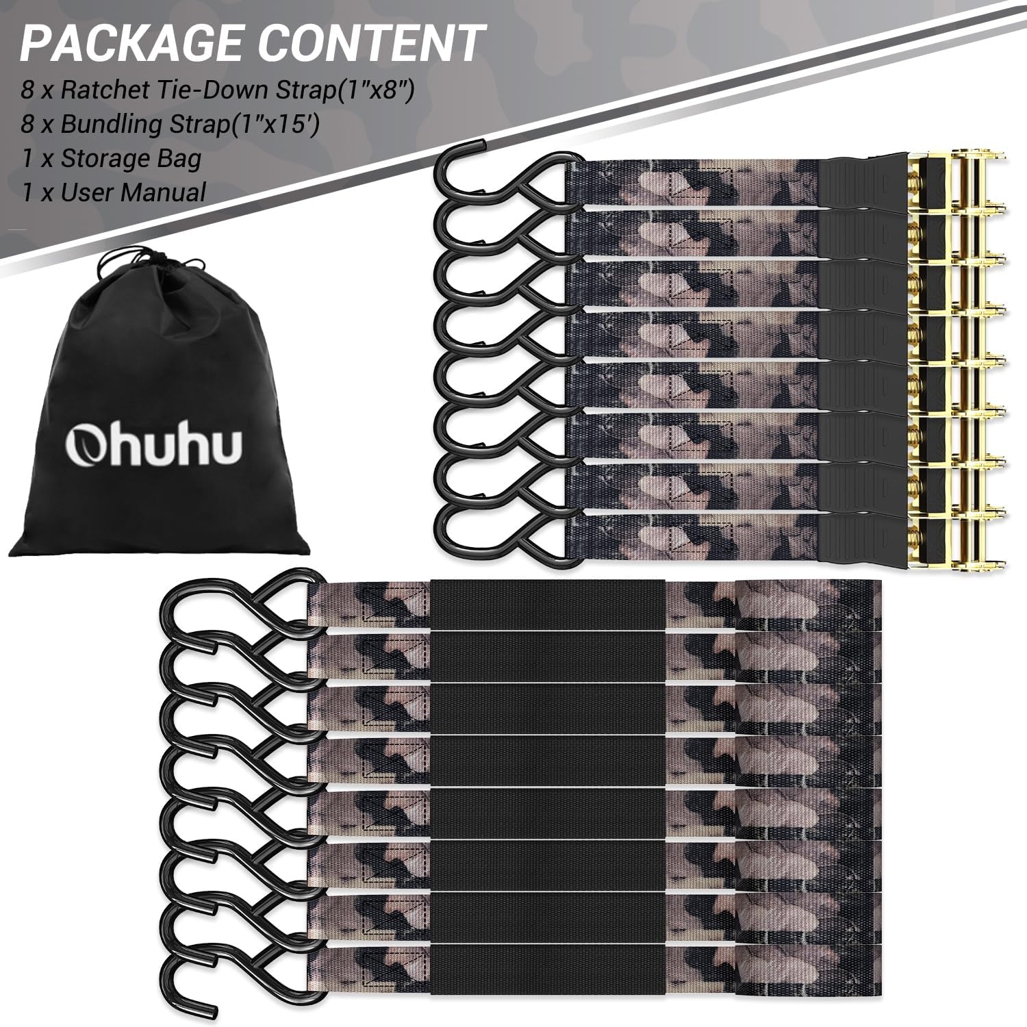 image:imageRatchet Tie Down Strap 8Pack 15 Ft 500 lbs Load Cap with 1500 lbs Breaking Limit Ohuhu Ratchet Tie Downs Logistic Cargo Straps for Moving Appliances Motorcycle BlueForest Camouflage