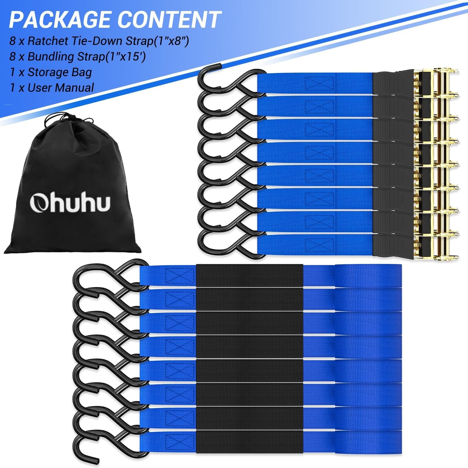 image:imageRatchet Tie Down Strap 8Pack 15 Ft 500 lbs Load Cap with 1500 lbs Breaking Limit Ohuhu Ratchet Tie Downs Logistic Cargo Straps for Moving Appliances Motorcycle BlueBlue
