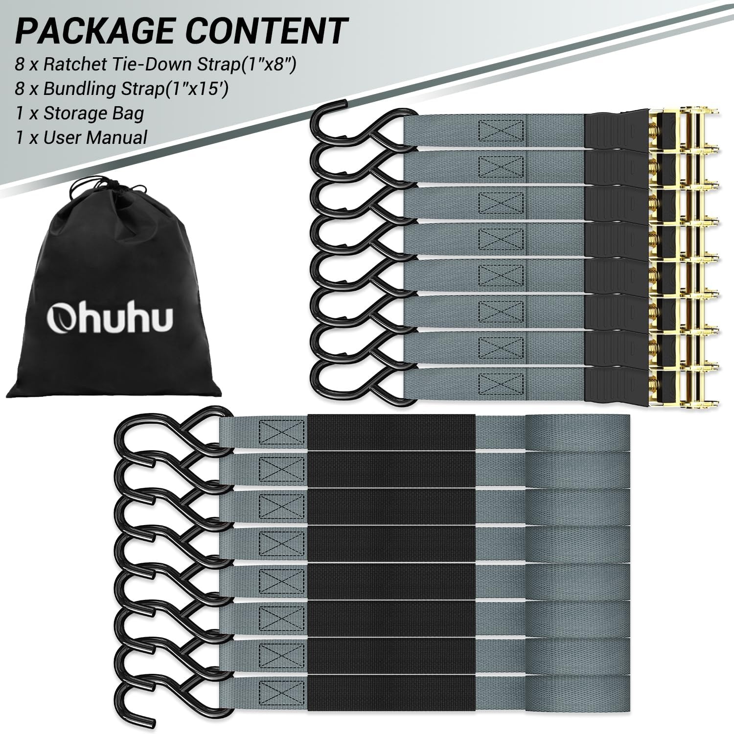 image:imageRatchet Tie Down Strap 8Pack 15 Ft 500 lbs Load Cap with 1500 lbs Breaking Limit Ohuhu Ratchet Tie Downs Logistic Cargo Straps for Moving Appliances Motorcycle BlueGrey