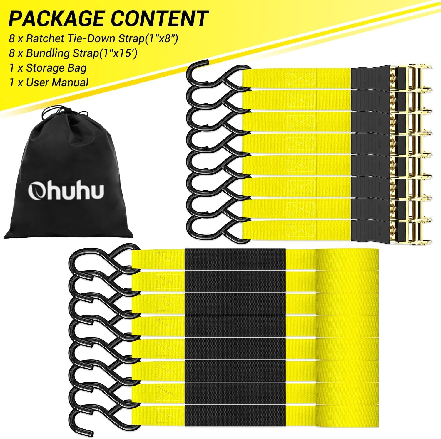 image:imageRatchet Tie Down Strap 8Pack 15 Ft 500 lbs Load Cap with 1500 lbs Breaking Limit Ohuhu Ratchet Tie Downs Logistic Cargo Straps for Moving Appliances Motorcycle BlueYellow