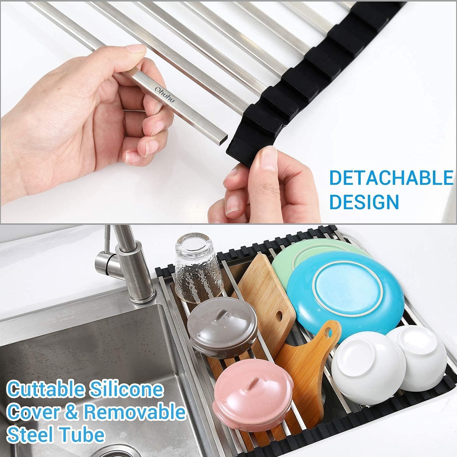 image:imageSink Drying Rack Black Roll Up Ohuhu 176 L x 15 W Over the Sink Dish Drying Rack Unique Square Tubes Stainless Steel Rolling Dish Drainers HeatResistant for Kitchen Counter Organizer Space Saving