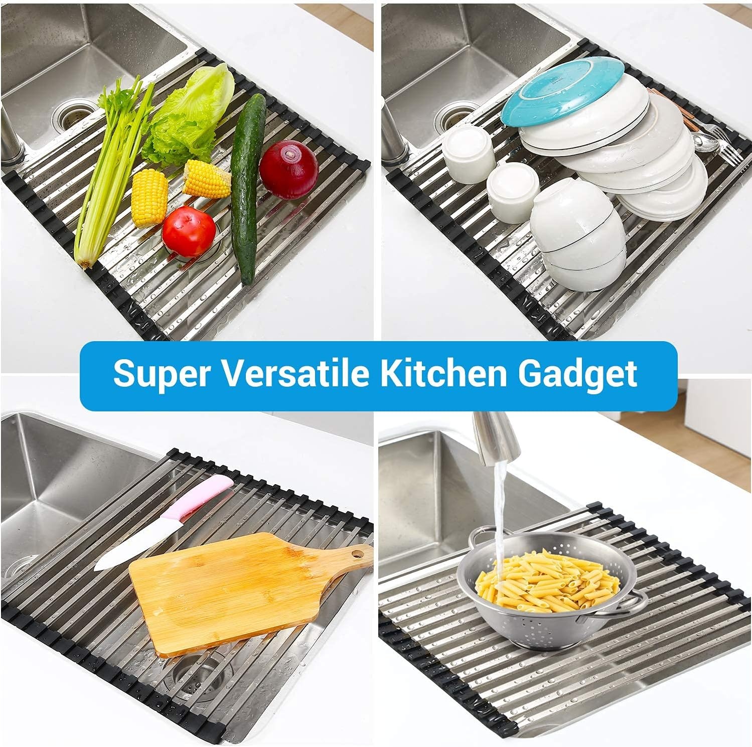 image:imageSink Drying Rack Black Roll Up Ohuhu 176 L x 15 W Over the Sink Dish Drying Rack Unique Square Tubes Stainless Steel Rolling Dish Drainers HeatResistant for Kitchen Counter Organizer Space Saving